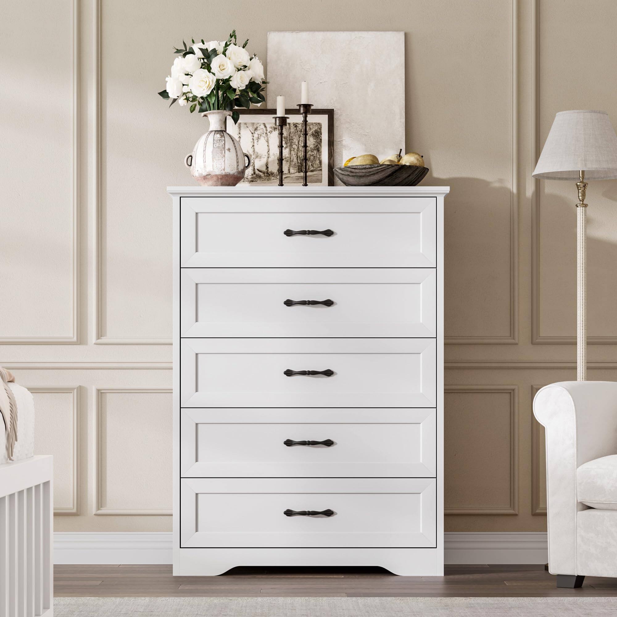 Left. Jojoka - 5 Drawers Dresser for Bedroom,Chest of Drawers with Wide Metal Handle,Farmhouse Modern Wooden Tall Dresser - White.