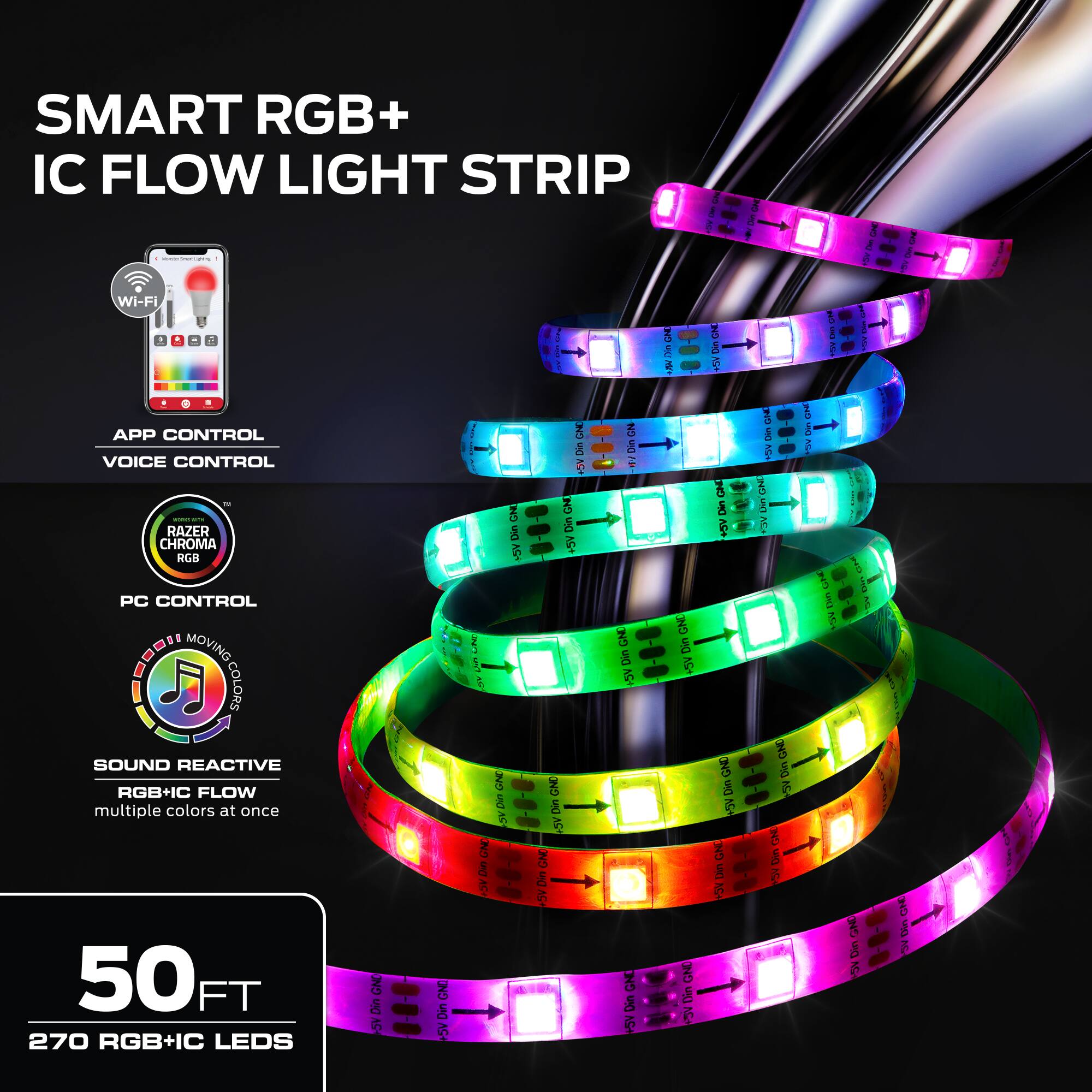 SMART RGB+ IC FLOW LIGHT STRIP

- Wi-Fi
- APP CONTROL
- VOICE CONTROL
- RAZER CHROMA RGB PC CONTROL
- MOVING COLORS
- SOUND REACTIVE
- RGB+IC FLOW
- multiple colors at once
- 50 FT
- 270 RGB+IC LEDs

5V
-5V
