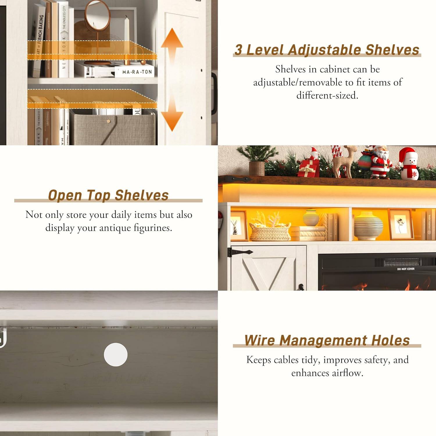 BAKING FRENCH

ENGLESS

MA-RA-TON

3 Level Adjustable Shelves
Shelves in cabinet can be adjustable/removable to fit items of different-sized.

Open Top Shelves
Not only store your daily items but also display your antique figurines.

Wire Management Holes
Keeps cables tidy, improves safety, and enhances airflow.