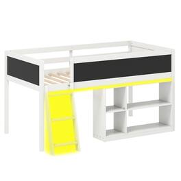 Gymax - Kids Loft Bed w/LED Lights Chalkboard & Removable Bookcase Safety Guardrail - White