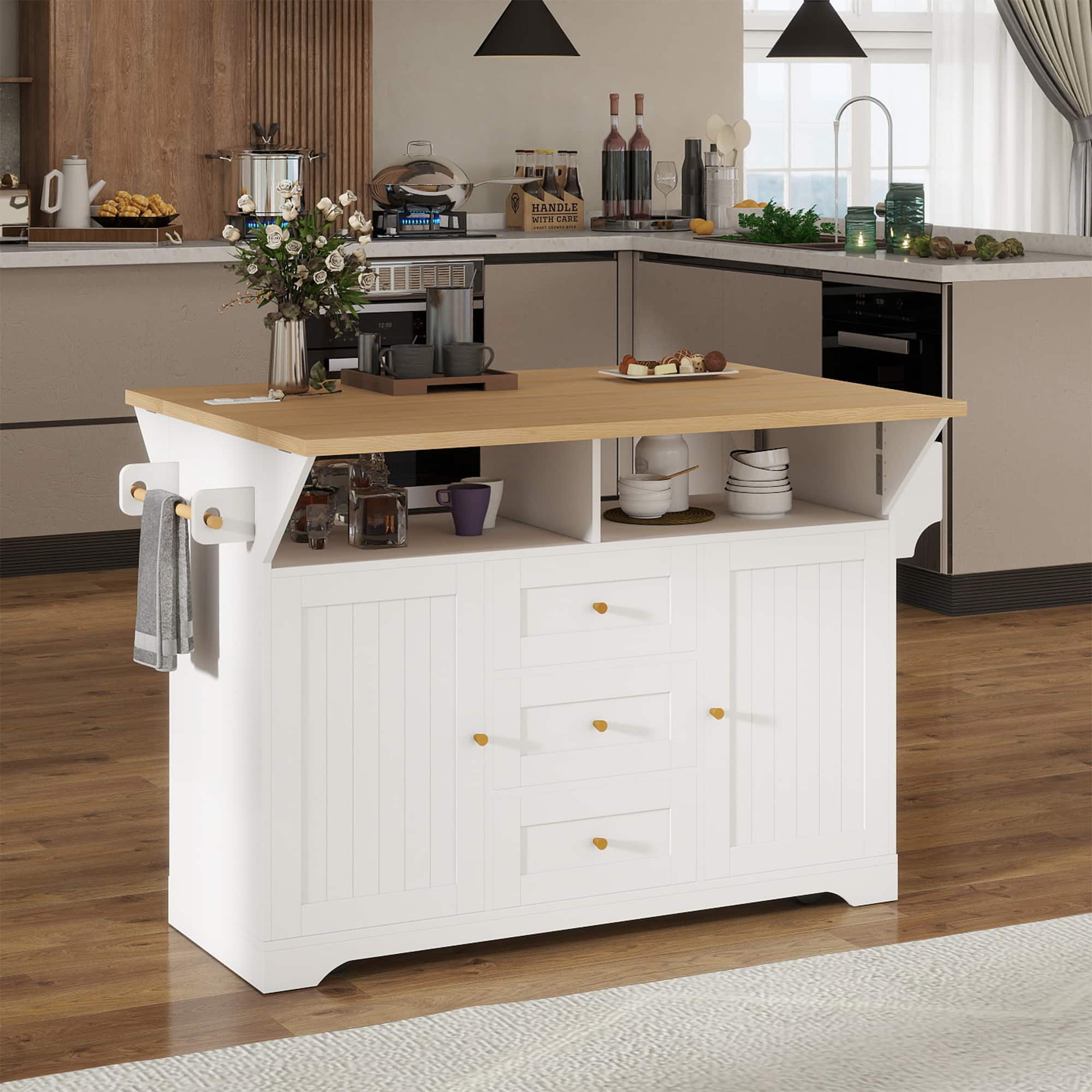 Aukfa - Large Kitchen Island with 2 Drop Leaves - Rolling Cart, Power Outlet, Spice Rack, 3 Drawers, for Kitchen & Dining Room - White
