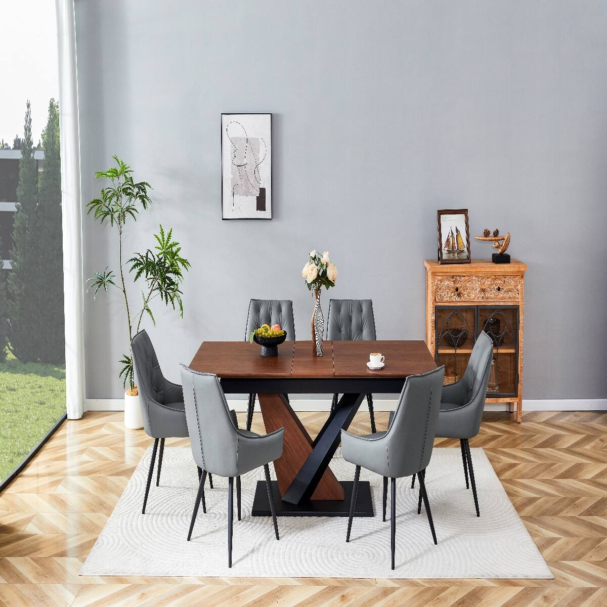 Alt View 8. Loheer - Loheer Extendable Dining Table Dark Walnut Rectangular Dining Table with Metal Cross Base - Dark Walnut.