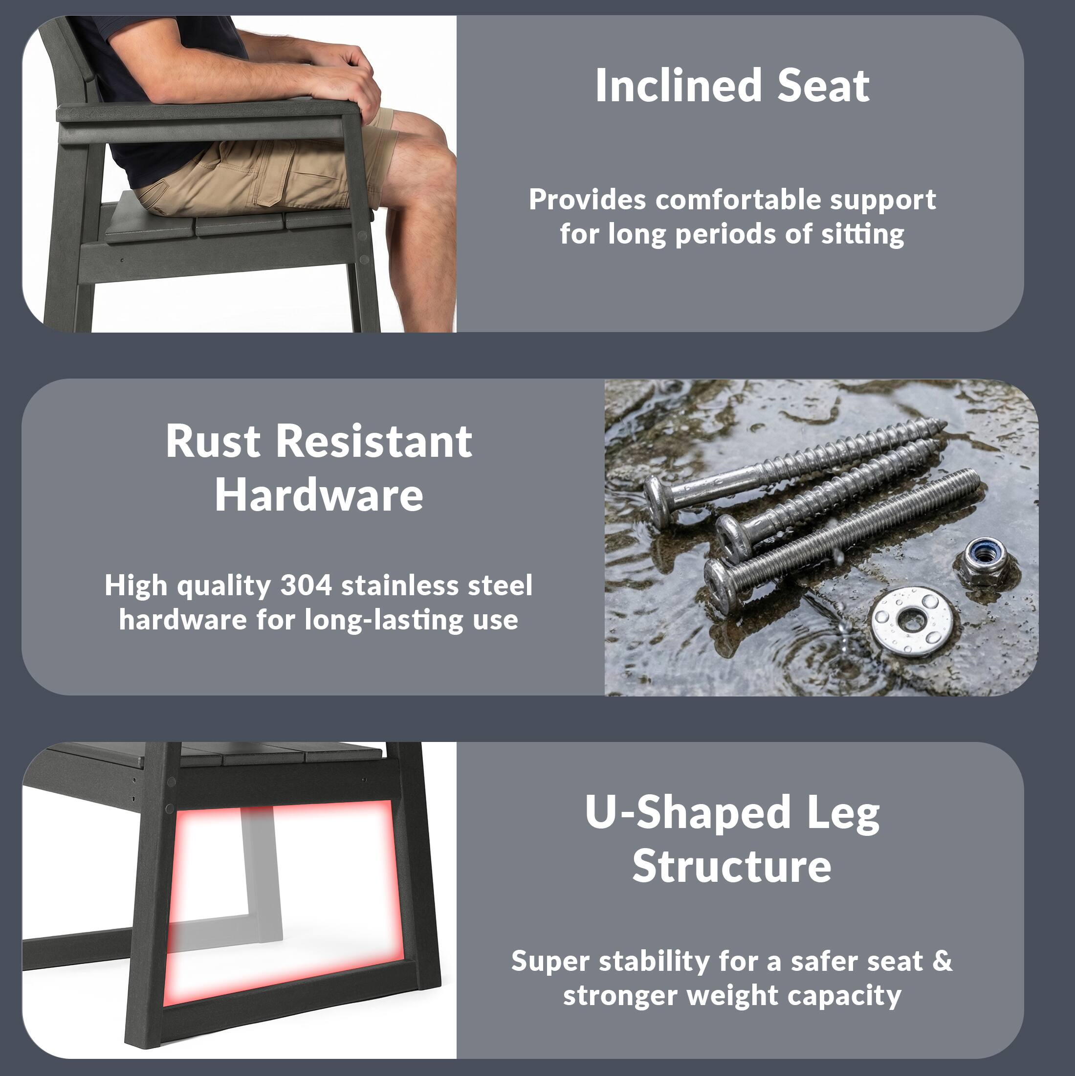 Inclined Seat  
Provides comfortable support for long periods of sitting  

Rust Resistant Hardware  
High quality 304 stainless steel hardware for long-lasting use  

U-Shaped Leg Structure  
Super stability for a safer seat & stronger weight capacity