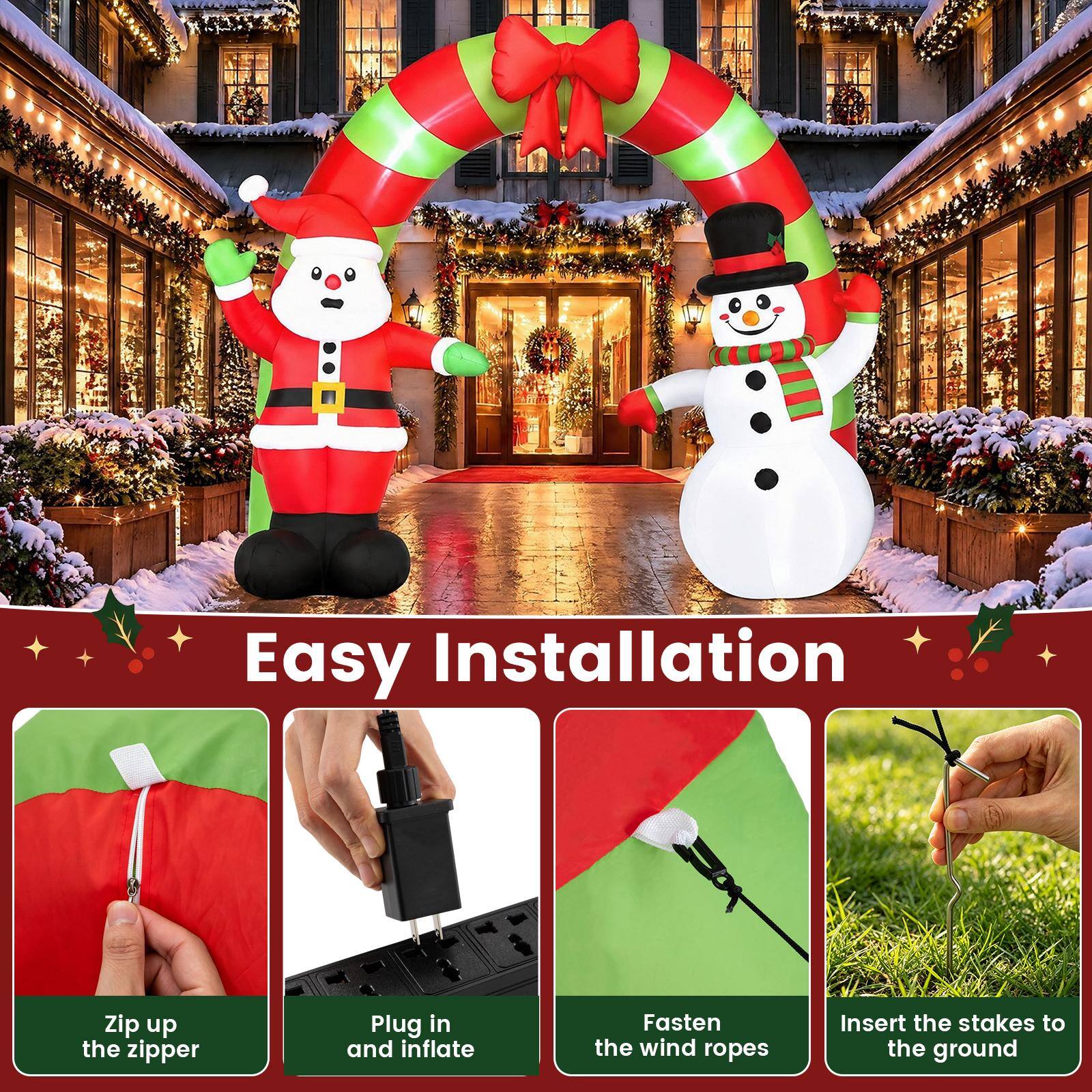 Easy Installation

- Zip up the zipper
- Plug in and inflate
- Fasten the wind ropes
- Insert the stakes to the ground