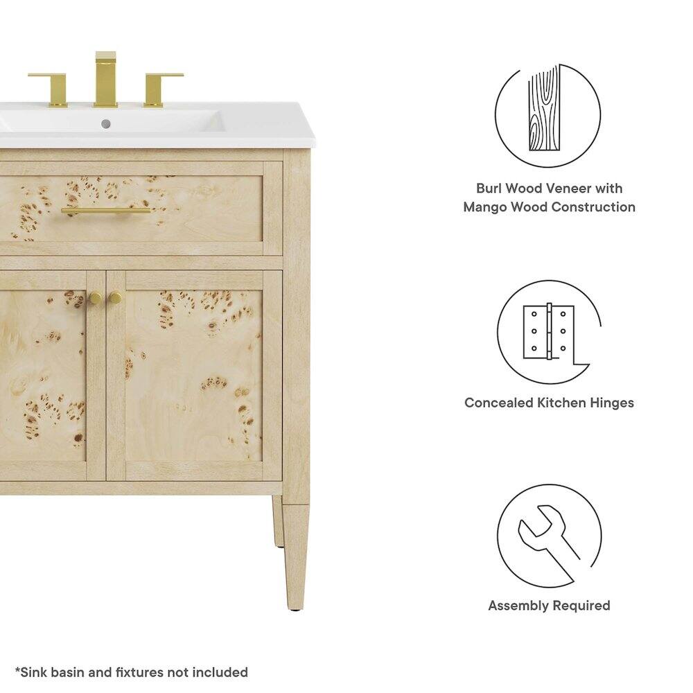Burl Wood Veneer with Mango Wood Construction  
Concealed Kitchen Hinges  
Assembly Required  
*Sink basin and fixtures not included