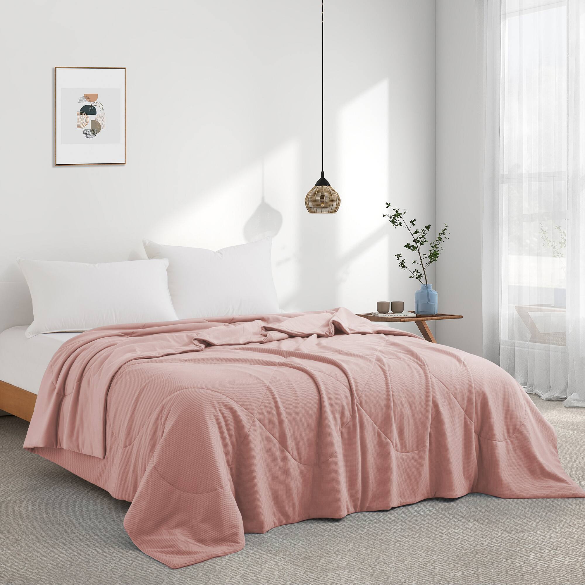 Angle. Peace Nest - Peace Nest Lightweight Cooling Waffle Blanket Summer Reversible Comfort for Hot Sleepers, Pink, King - Pink.