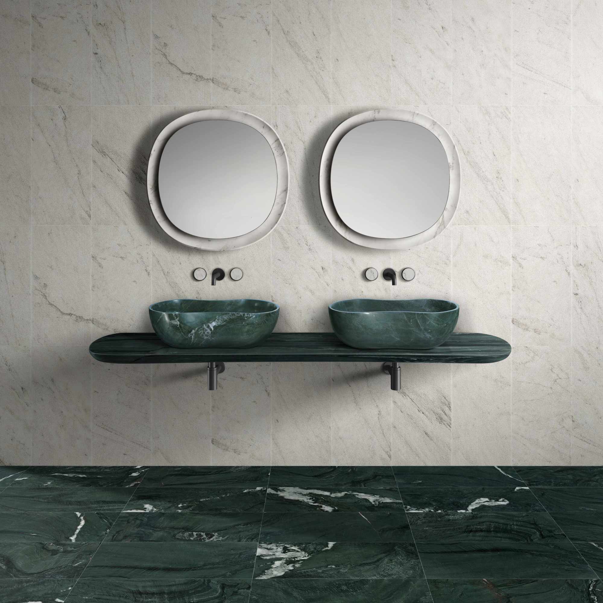 Left. ELEMENT ACE - Elegant Natural Marble Bathroom Vessel Sink with Polished Surface, Wavy Design for Modern Decor - Green.