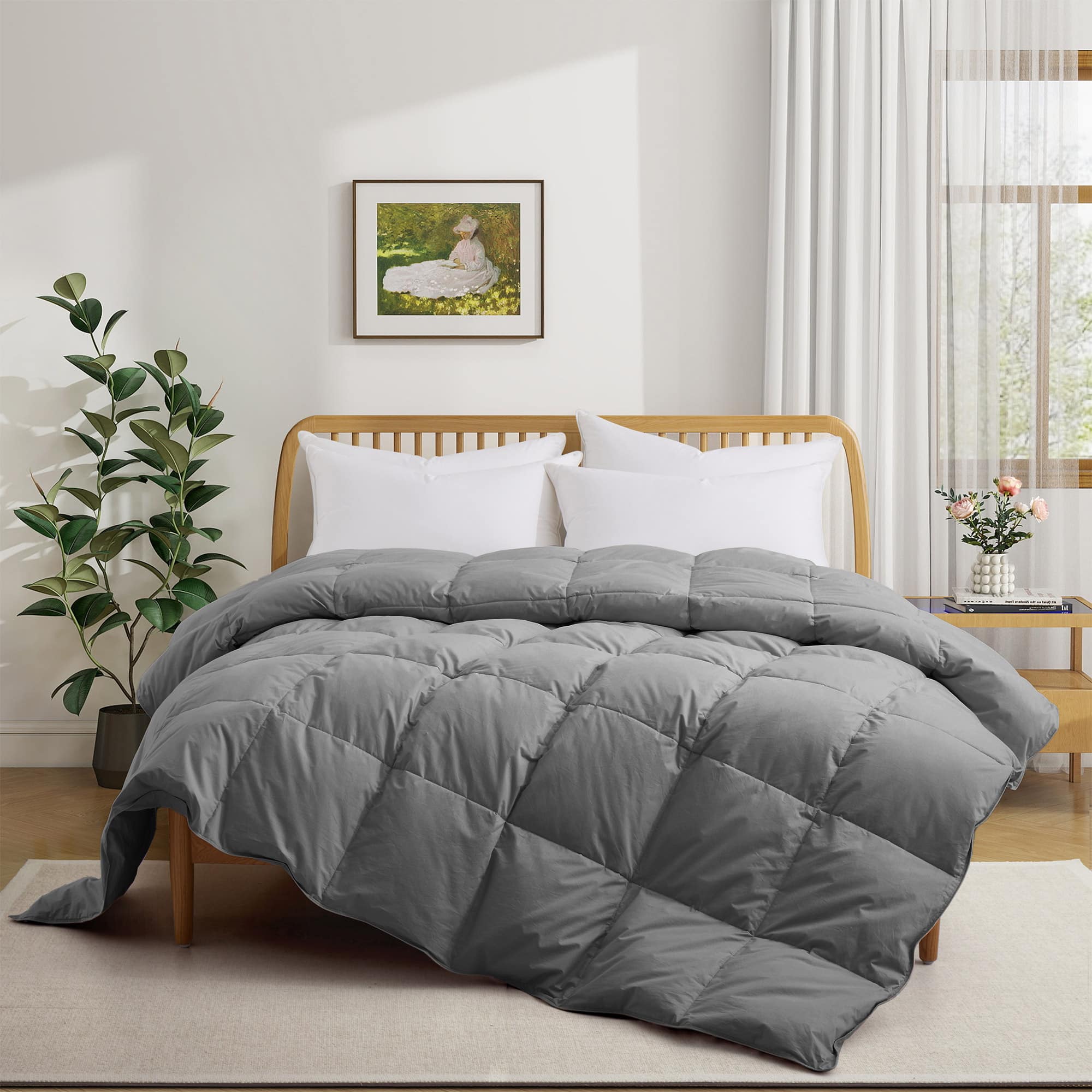 Front. Puredown - Puredown Luxurious 300TC 100% Organic Cotton Down Feather Fiber Comforter, Gray, Full/Queen - Gray.