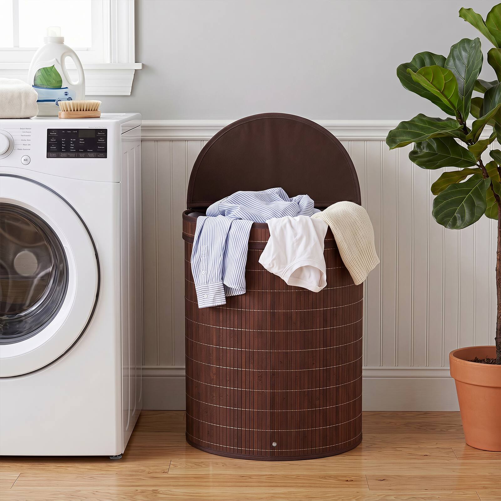 Alt View 1. Costway - Costway Bamboo Laundry Hamper with Zippered Lid 19 Gal Capacity Removable Liner Metal Frame - Brown.