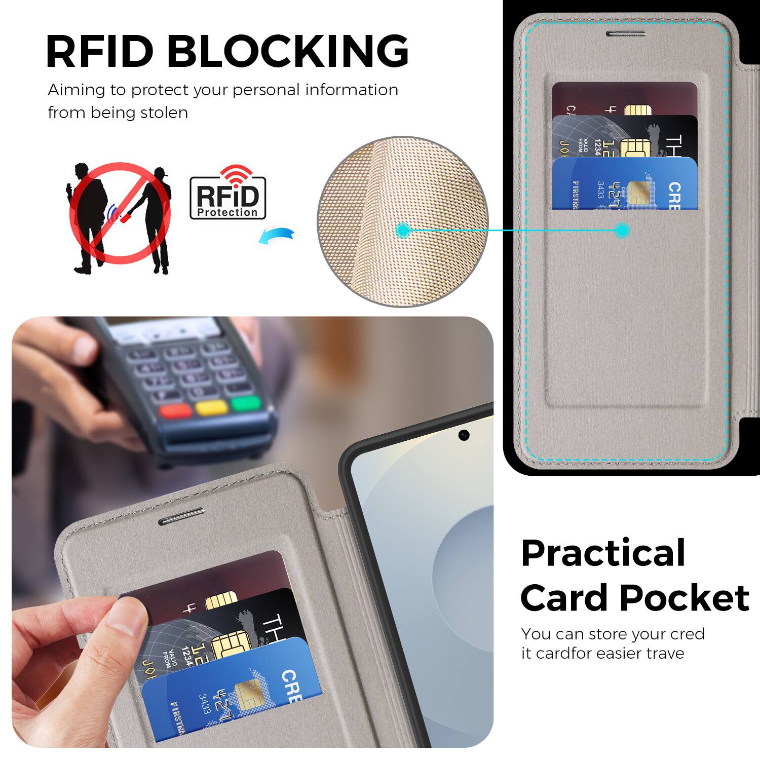 RFID BLOCKING  
Aiming to protect your personal information from being stolen  

RFiD Protection  

CA JOI ma SC VIRSTMA + 12:34 12 3433 427 TH CRE F FROM VAIT 1234 12 JOI 3433 427 FIRSTHA TH CRE  

Practical Card Pocket  
You can store your credit card for easier travel