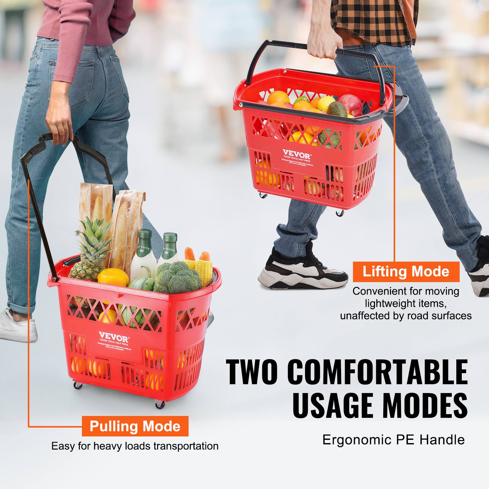 VEVOR

Lifting Mode
Convenient for moving lightweight items, unaffected by road surfaces

Pulling Mode
Easy for heavy loads transportation

TWO COMFORTABLE USAGE MODES
Ergonomic PE Handle