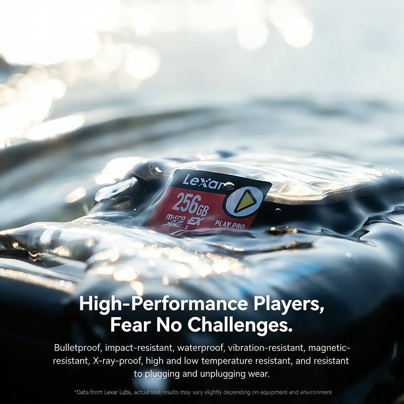 Lexar micro 256GB EX PLAY PRO I High-Performance Players, Fear No Challenges. Bulletproof, impact-resistant, waterproof, vibration-resistant, magnetic-resistant, X-ray-proof, high and low temperature resistant, and resistant to plugging and unplugging wear. Data from Lexar Labs, actual test results may vary slightly depending on equipment and environment