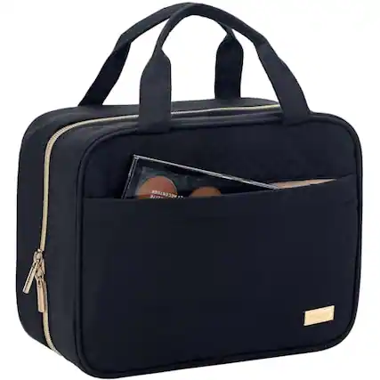 Front. Fabibe - Travel Toiletry Bag For Women Portable Hanging Organizer Travel-sized Shampoo Conditioner Brushes Set Makeup Accessorie - Black-Large.