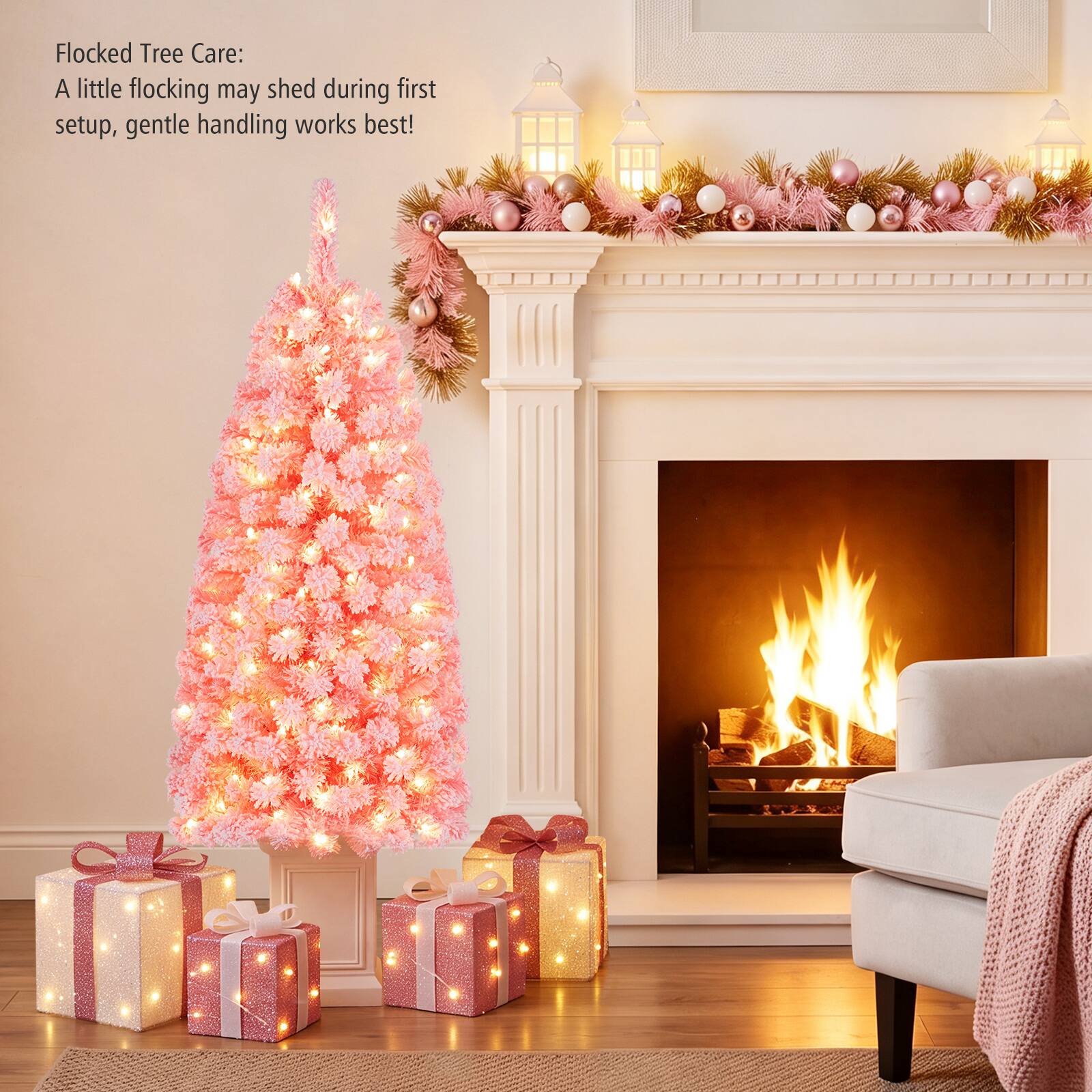 Flocked Tree Care:  
A little flocking may shed during first setup, gentle handling works best!