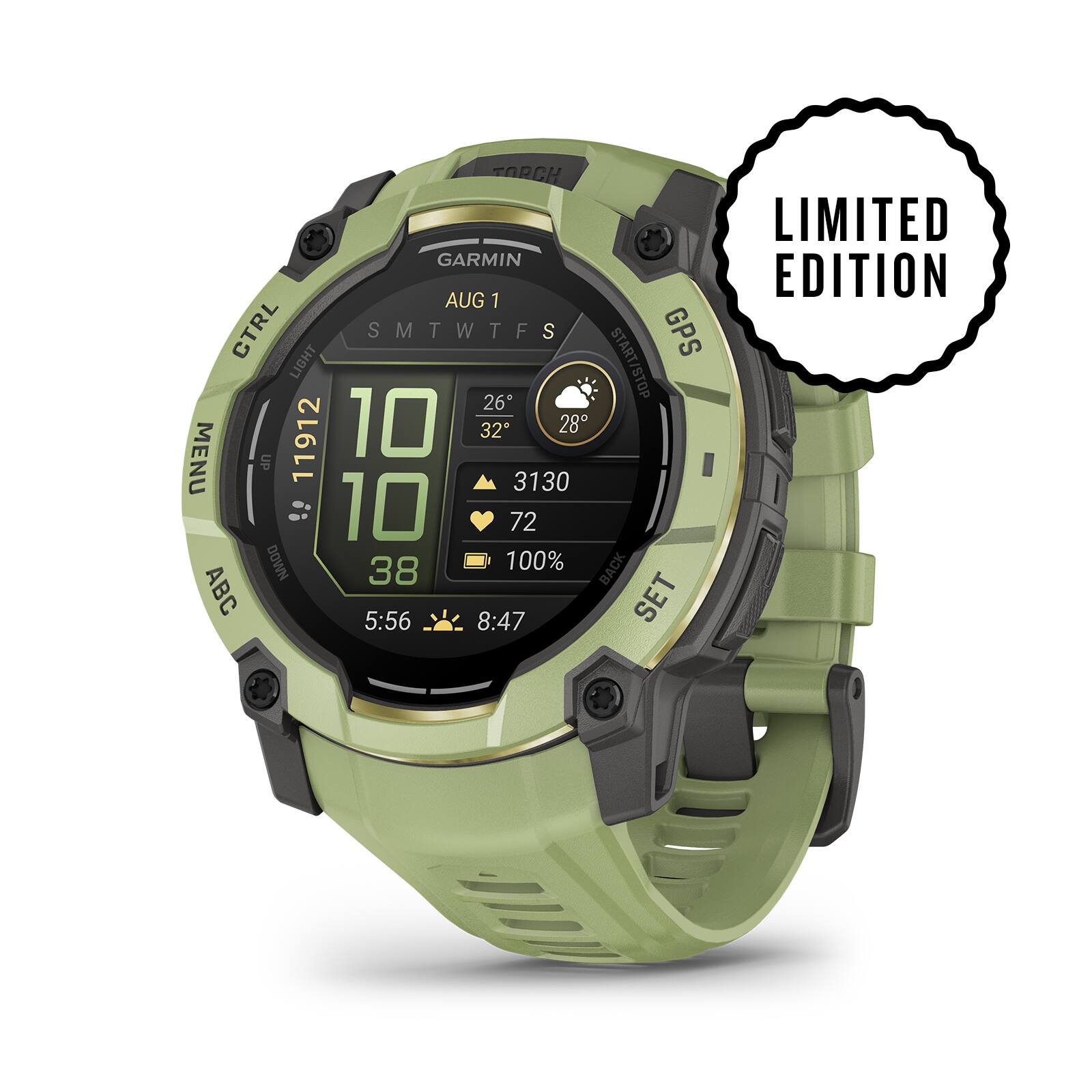 TORCH GARMIN AUG 1 CTRL LIGHT SMTWTFS START GPS START/STOP STOP 26 MENU 11912 10 32 28 an 3130 10 72 DOWN 38 100% BACK ABC SET 5:56 8:47 LIMITED EDITION