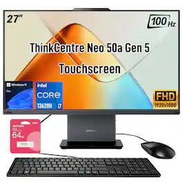 Lenovo - Upgraded - ThinkCentre neo 50a 27" FHD Touch All-in-One - Intel Core i7-13620H - 16GB RAM 1TB SSD - Wired M&K - 64GB USB Drive - Black