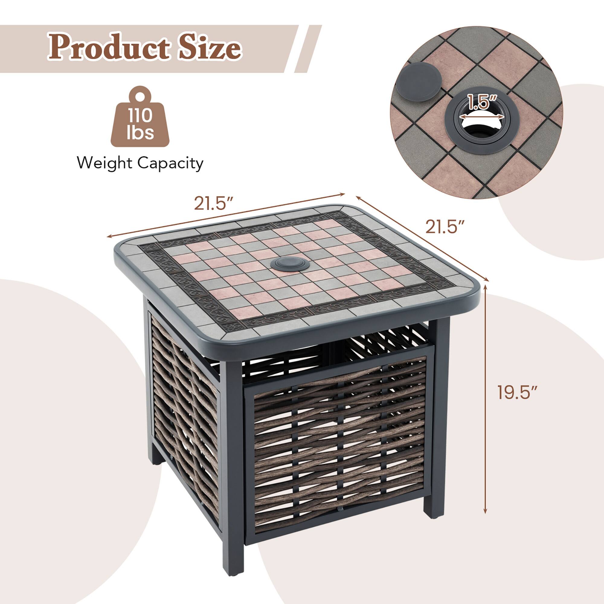 Product Size  
Weight Capacity: 110 lbs  
Dimensions: 21.5" x 21.5" x 19.5"  
Socket Size: 1.5"