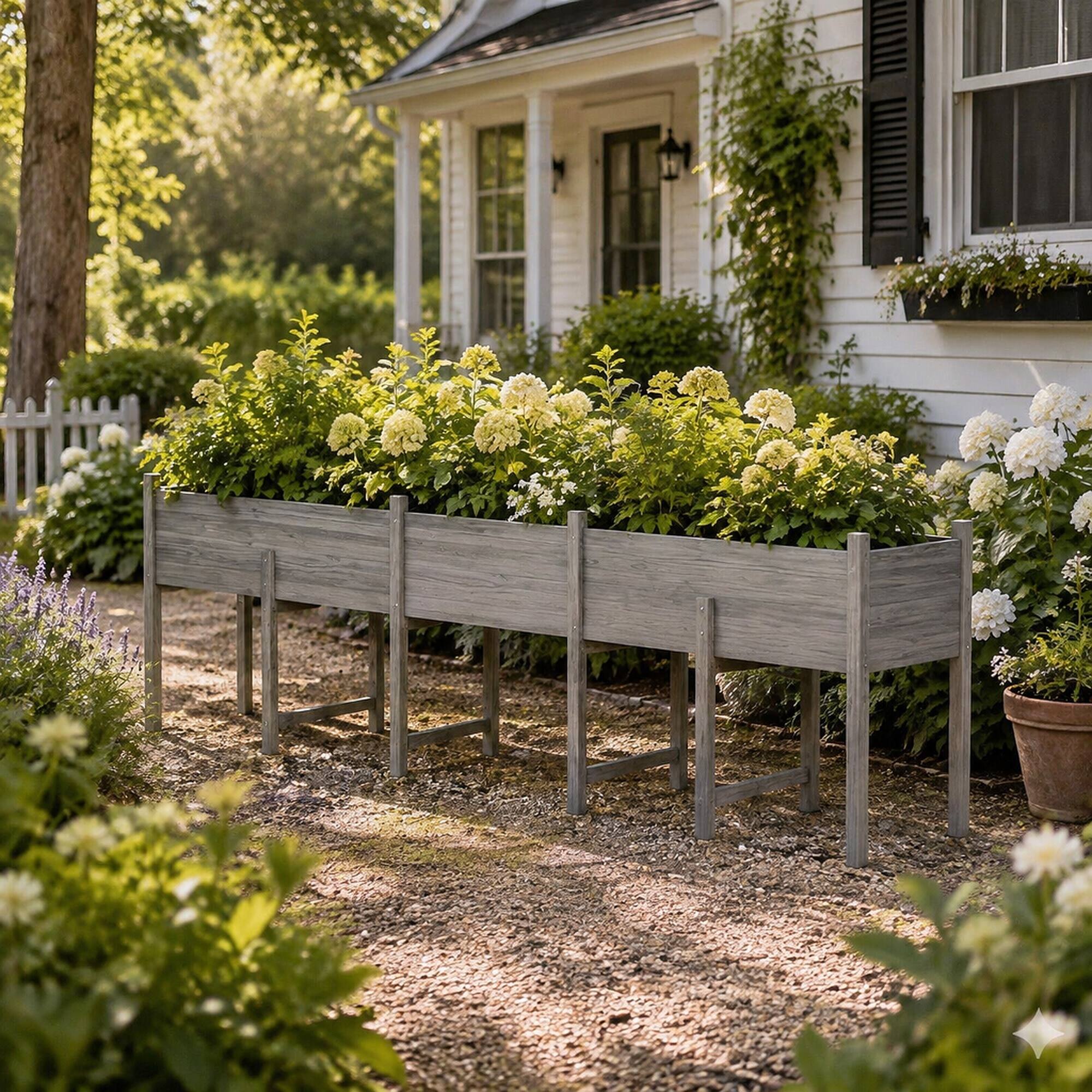 Left. RYHNUYNE - Elevated Wooden Raised Garden Bed with Legs, Extra Large 86.5 by 19.75 Inch Planter Box with Drain Holes - Grey.