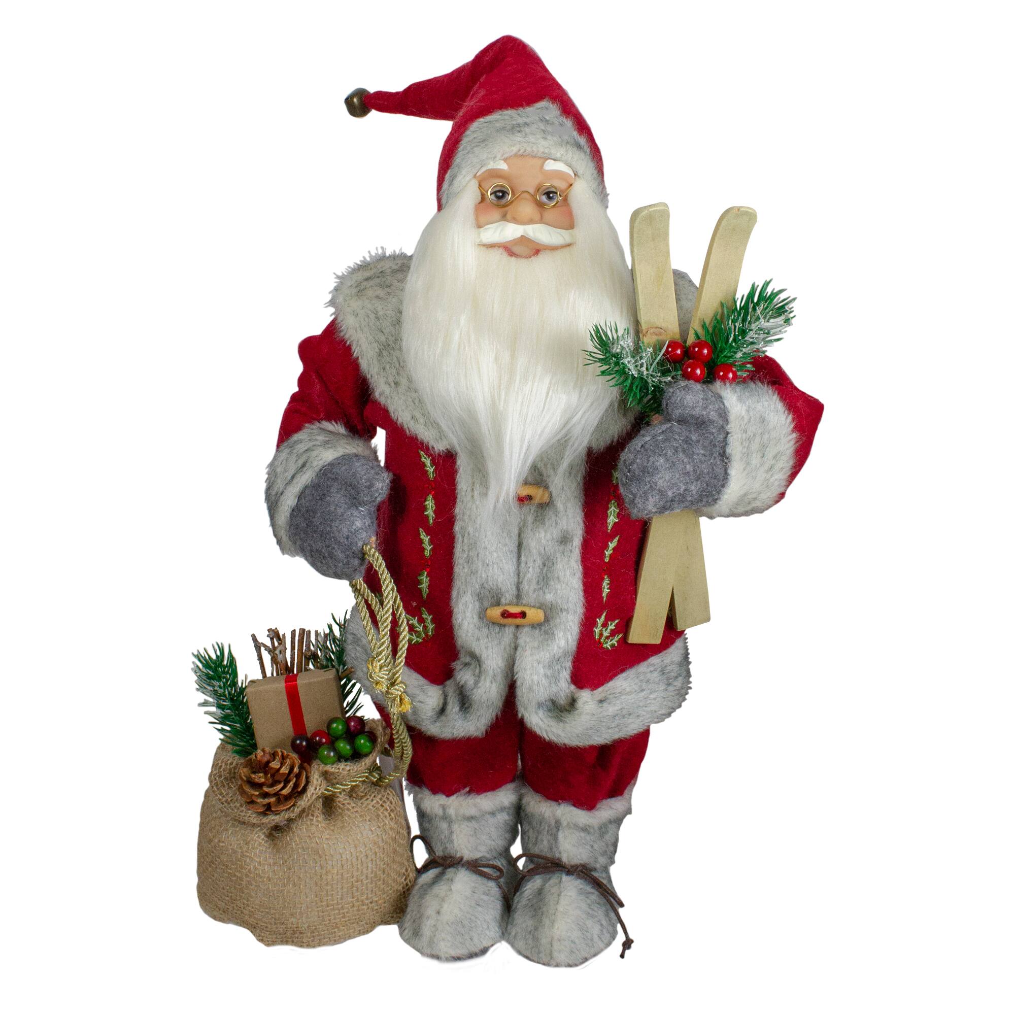 Front. Northlight - 18" Standing Santa Christmas Figure with Skis and Fur Boots - Red.