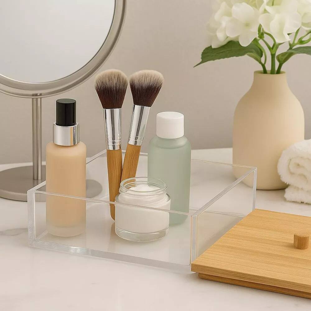 Left. Elle - Acrylic Cosmetic Organizer with Bamboo Lid, Clear Makeup Storage Box for Skincare, Beauty Accessories, Bathroom & Vanity - Clear/Natural Bamboo.