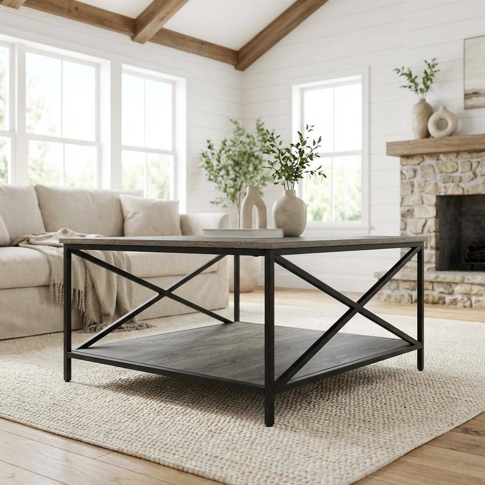 Left. FurniFact - Metal Square Coffee Table Weathered Gray/Black with Shelf Particle Board - Weathered Gray.
