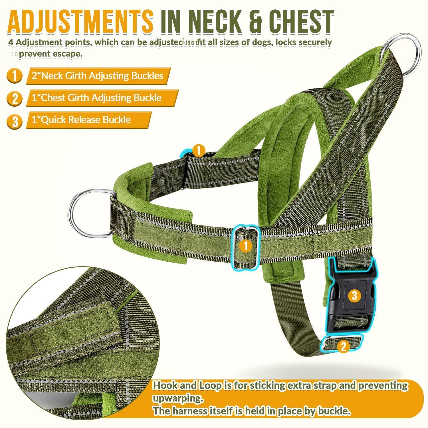 **Adjustments in Neck & Chest**

4 Adjustment points, which can be adjusted to fit all sizes of dogs, locks securely to prevent escape.

1. 2* Neck Girth Adjusting Buckles
2. 1* Chest Girth Adjusting Buckle
3. 1* Quick Release Buckle

Hook and Loop is for sticking extra strap and preventing upwarping. The harness itself is held in place by buckle.