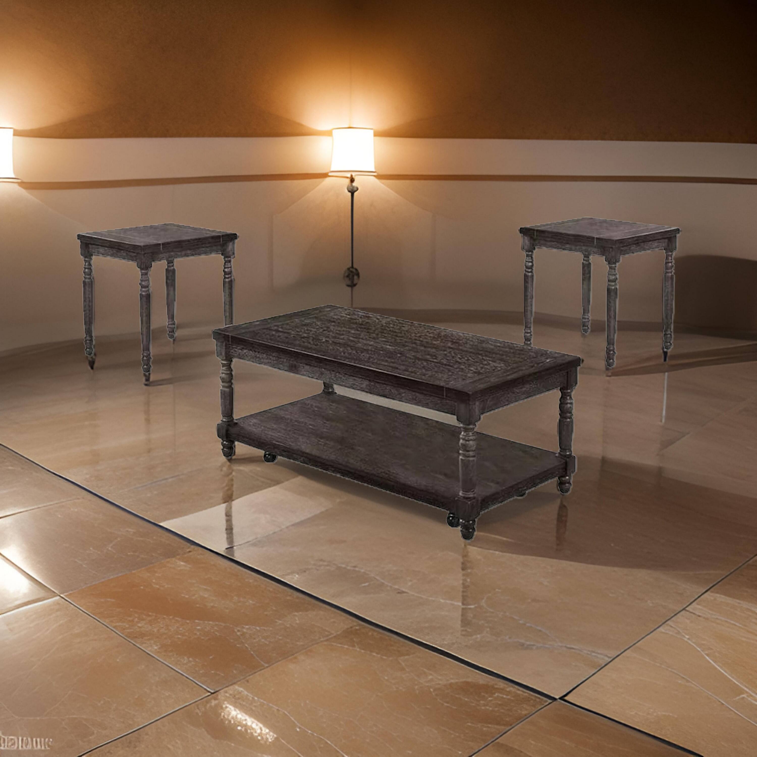 Alt View 5. Manhattan Lane - 3 Piece Coffee Table and End Table Set, Plank Style, Wheels, Weathered Gray - Gray.