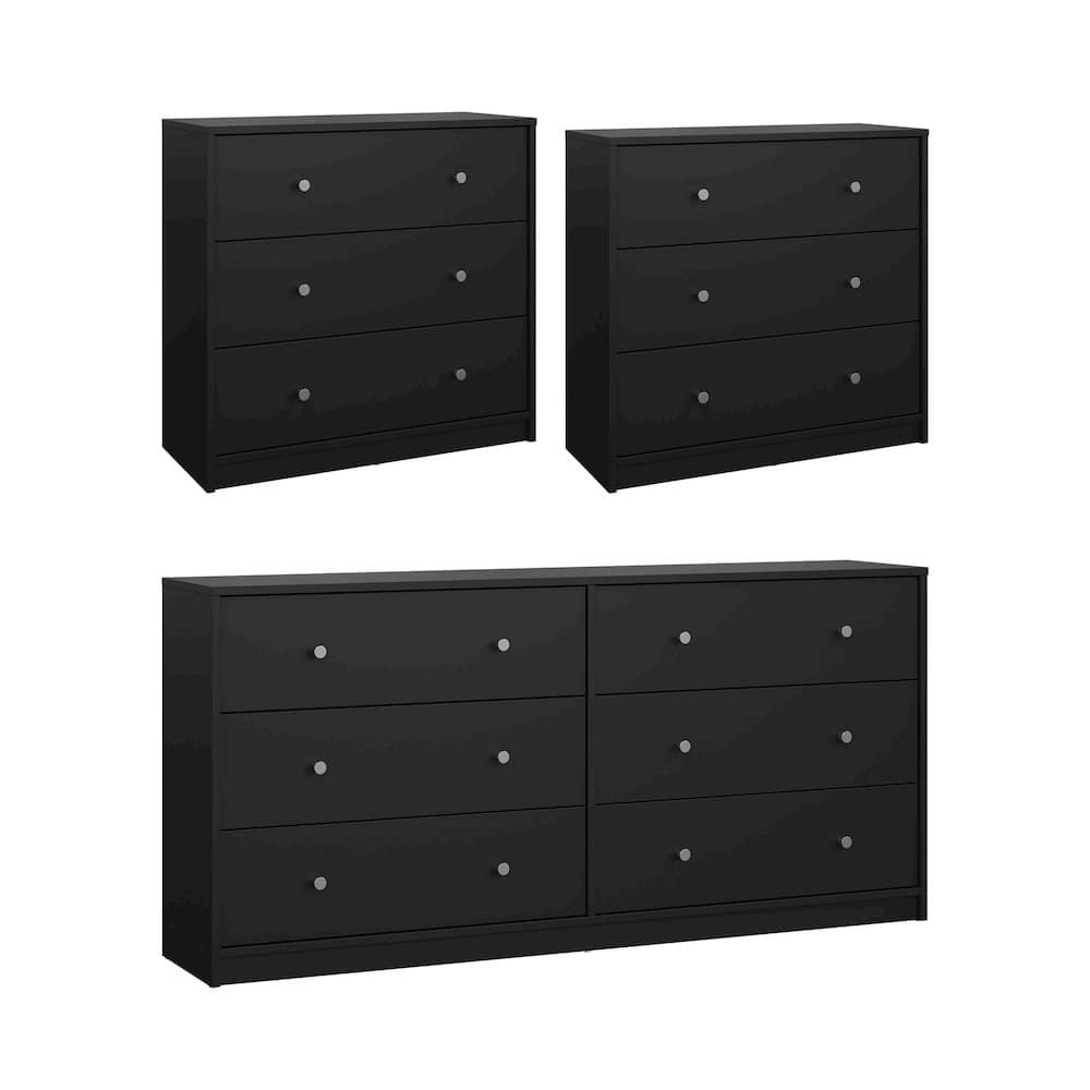 Tvilum - 3-Piece Bedroom Set - 6 Drawer Double Dresser And Chest Set Of 2 - Black