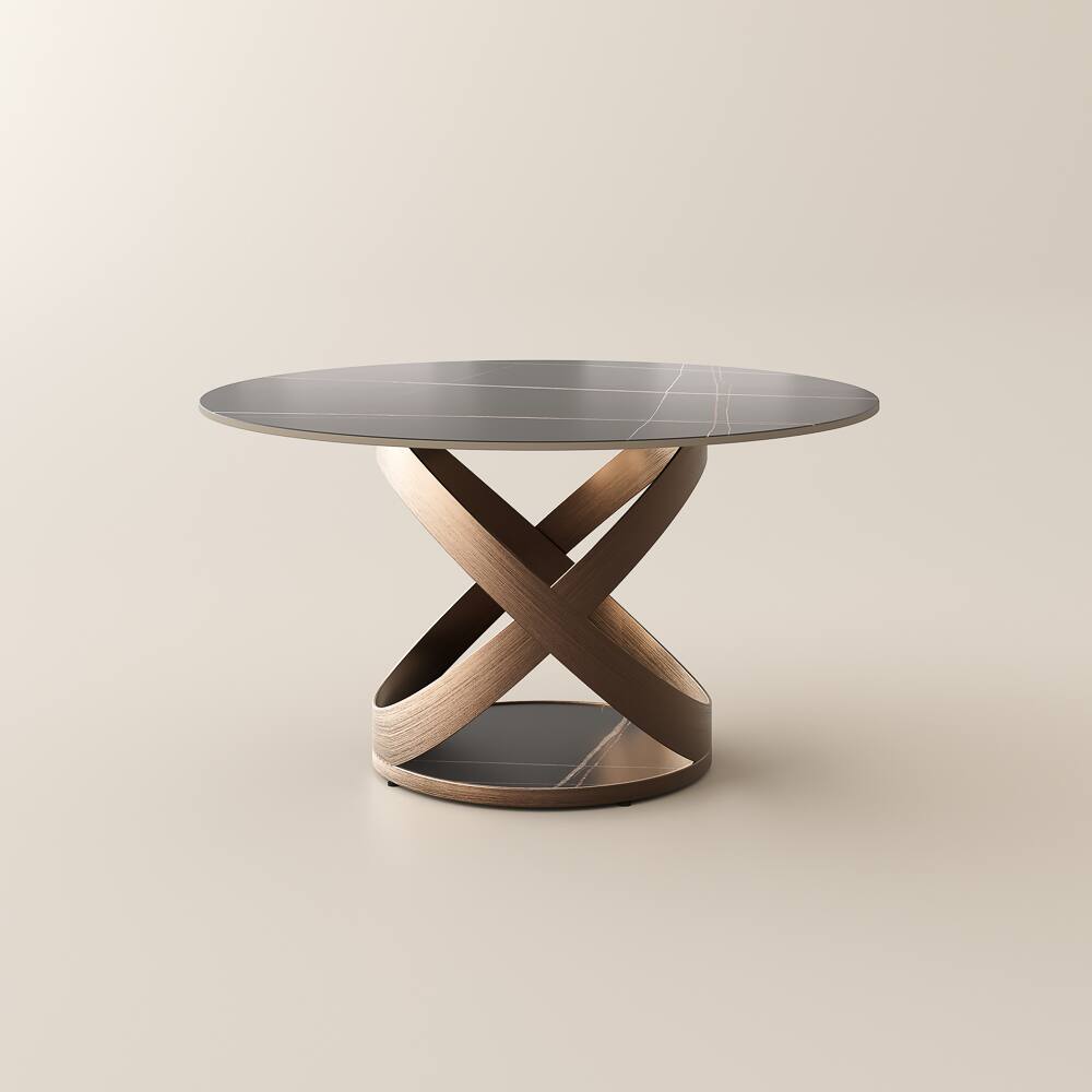 Alt View 9. POVISON - 51" Modern Black Round Dining Table for 4, Matte Sintered Stone Tabletop with Bronze X Carbon Steel Base - Black Matte Sintered Stone with Bronze.