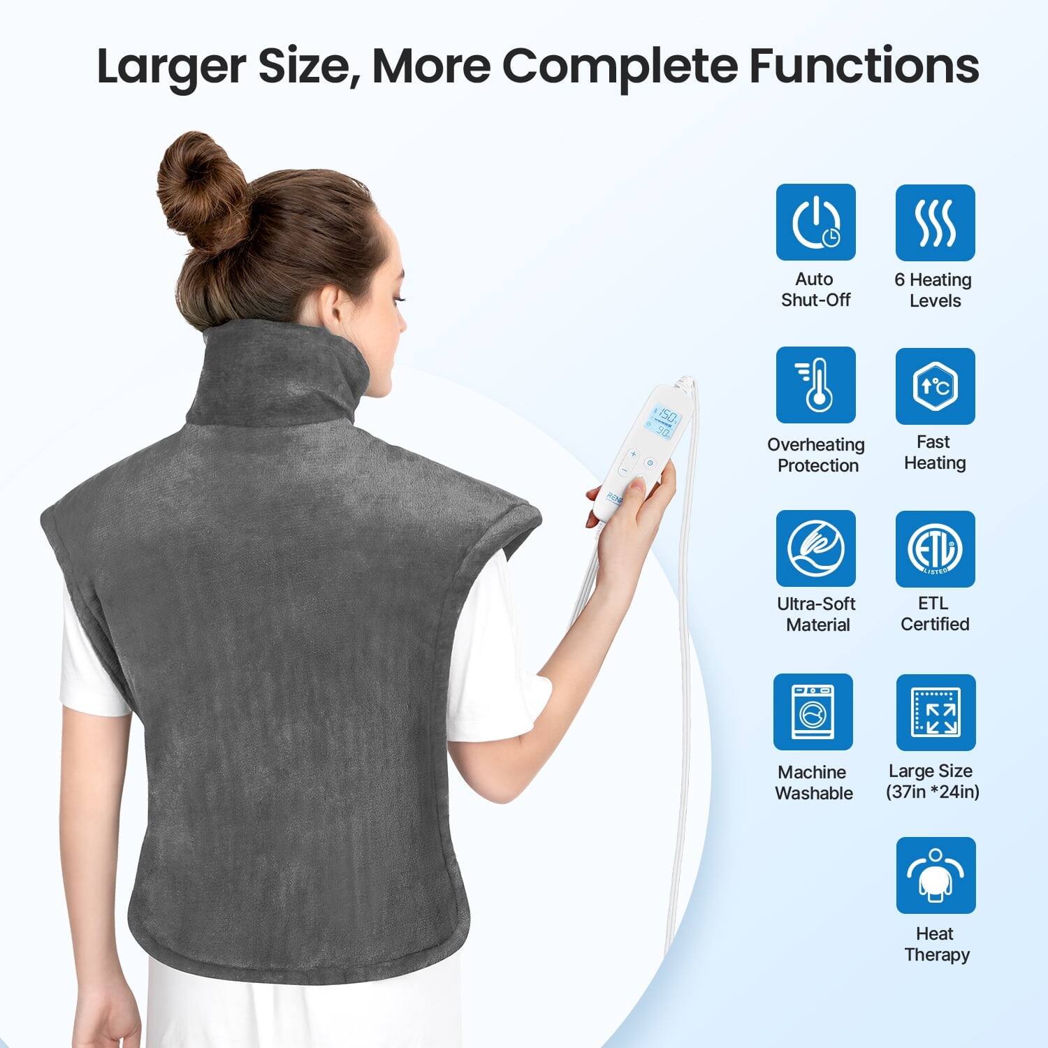 Larger Size, More Complete Functions  
Auto Shut-Off  
6 Heating Levels  
Overheating Protection  
Fast Heating  
Ultra-Soft Material  
ETL Certified  
Machine Washable (37in *24in)  
Heat Therapy