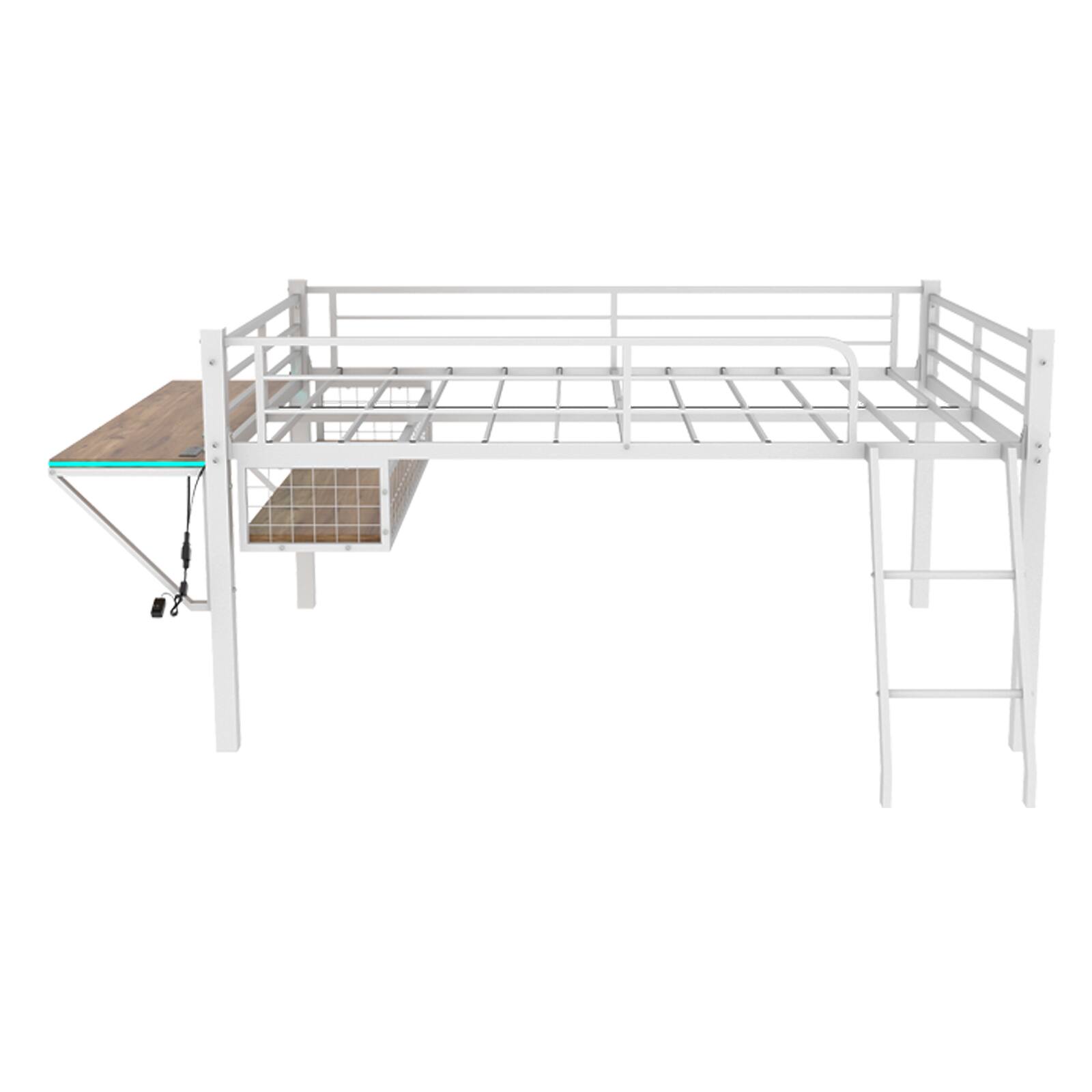 Alt View 10. Loheer - Loheer Full Size Metal Loft Bed with Desk White Loft Bed Frame with LED Lights and Guardrails No Box Spring Needed - White.