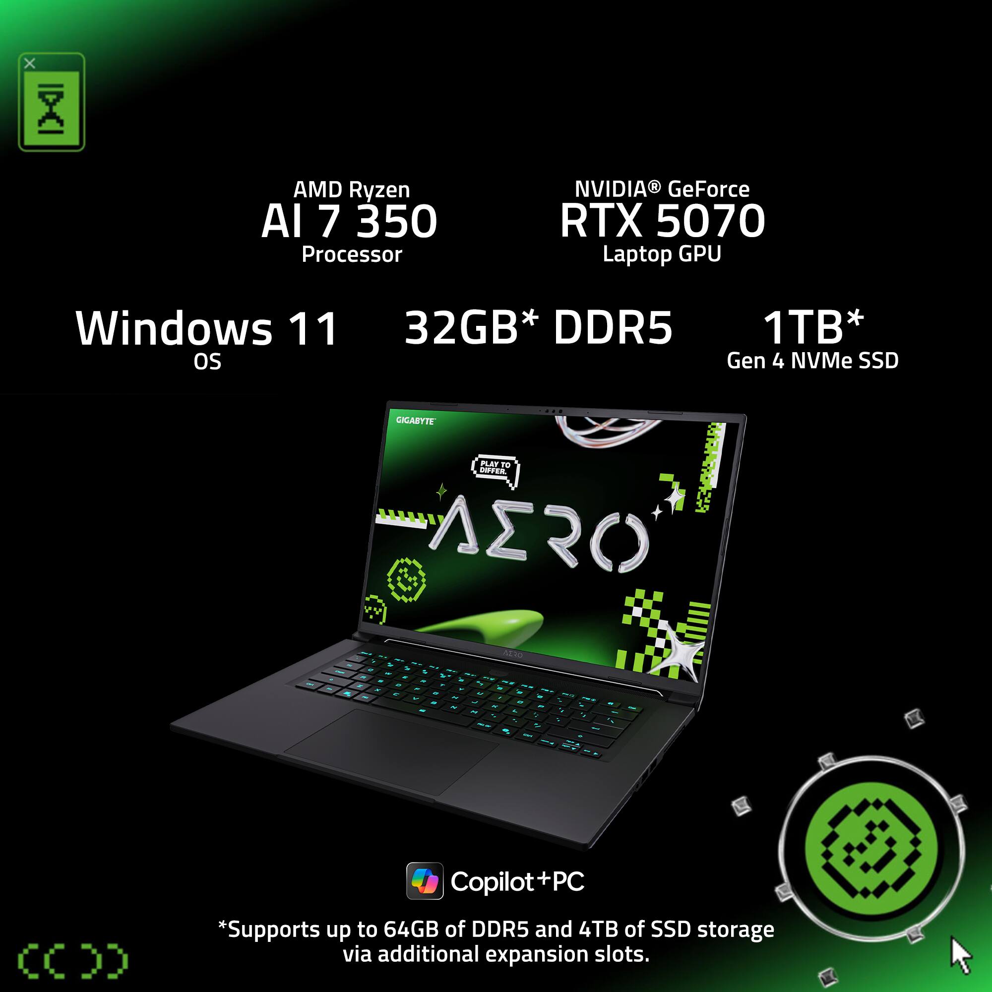 AMD Ryzen AI 7 350 Processor, NVIDIA GeForce RTX 5070 Laptop GPU, Windows 11 OS, 32GB* DDR5, 1TB* Gen 4 NVMe SSD, Copilot+PC, *Supports up to 64GB of DDR5 and 4TB of SSD storage via additional expansion slots.