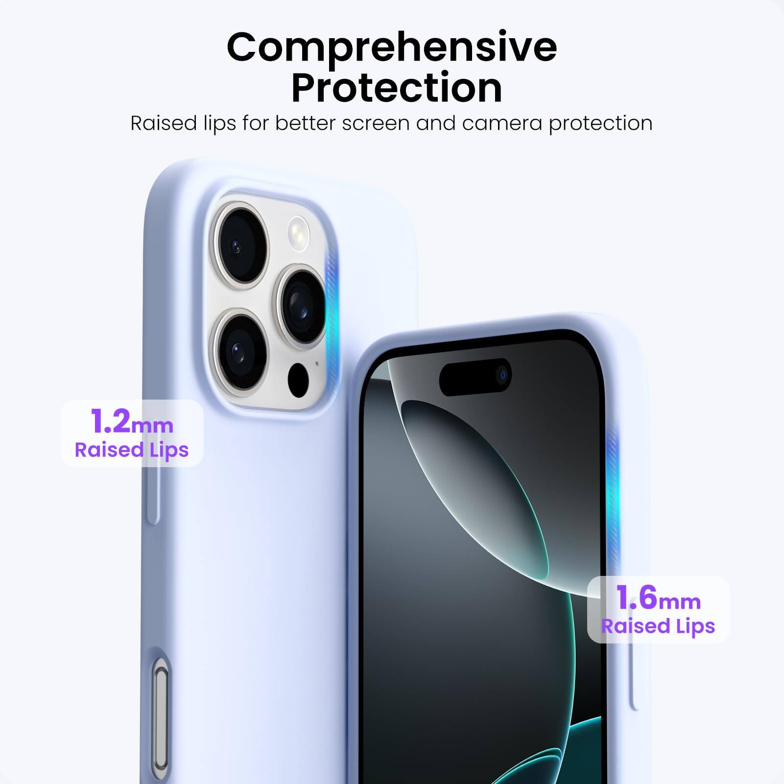 Comprehensive Protection  
Raised lips for better screen and camera protection  
1.2mm Raised Lips  
1.6mm Raised Lips
