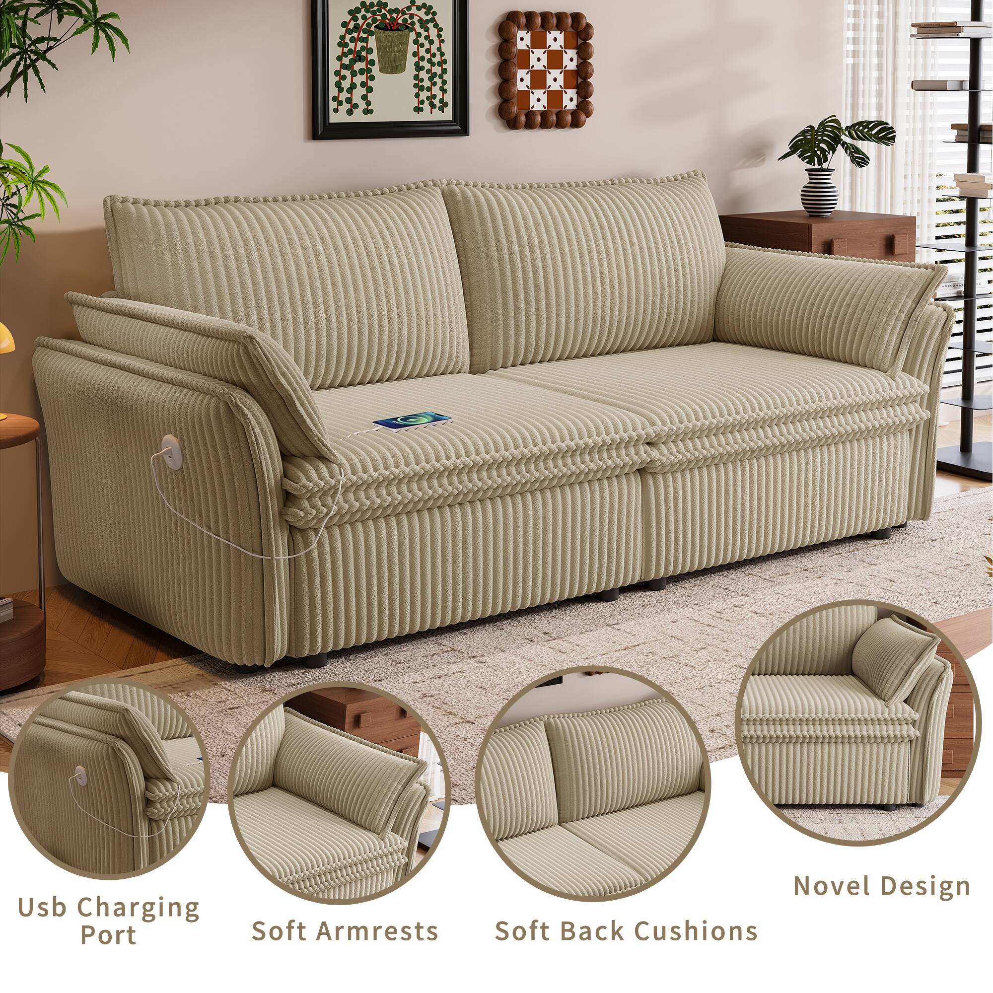USB Charging Port, Soft Armrests, Novel Design, Soft Back Cushions
