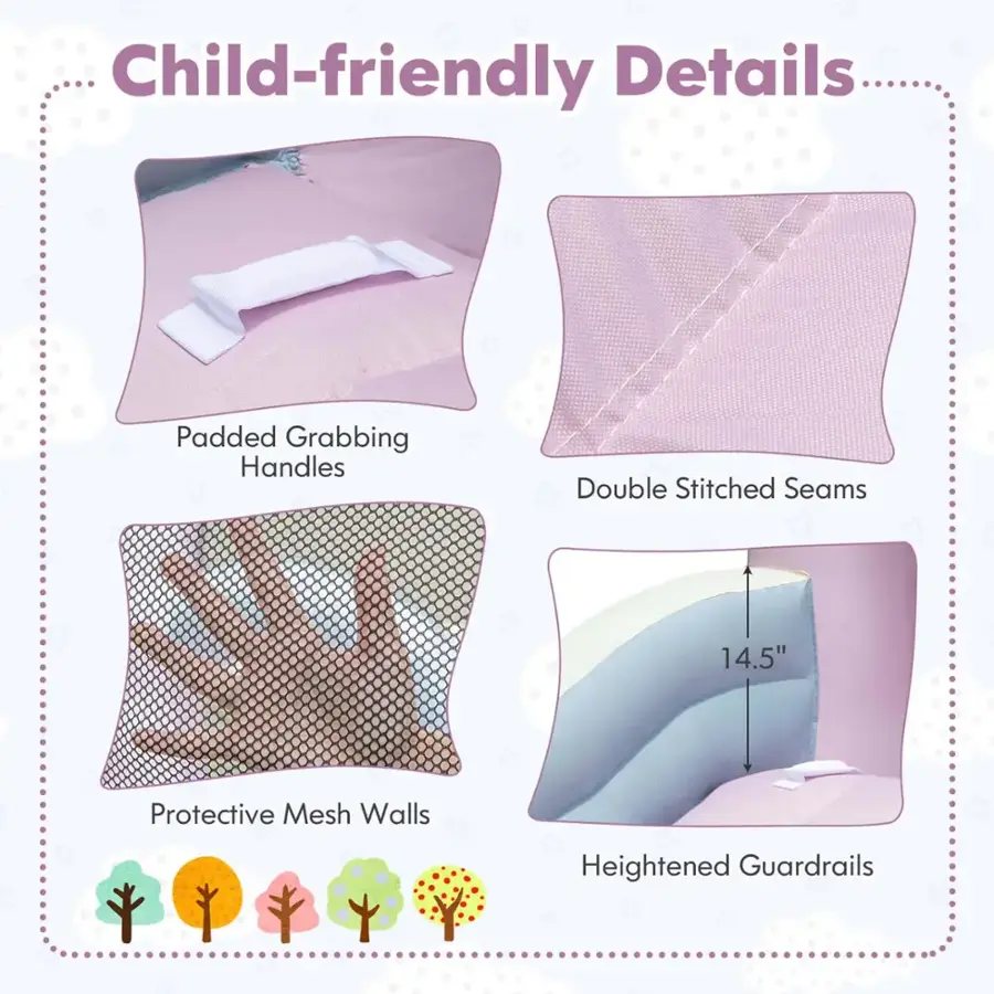 Child-friendly Details: Padded Grabbing Handles, Double Stitched Seams, 14.5" Protective Mesh Walls, Heightened Guardrails