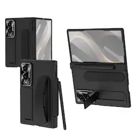 Dteck - For Samsung Galaxy Z Fold8 Case Built-in Screen Protector Shockproof Pen Slot Silicone Wristband Hinge Cover+Pen - Black