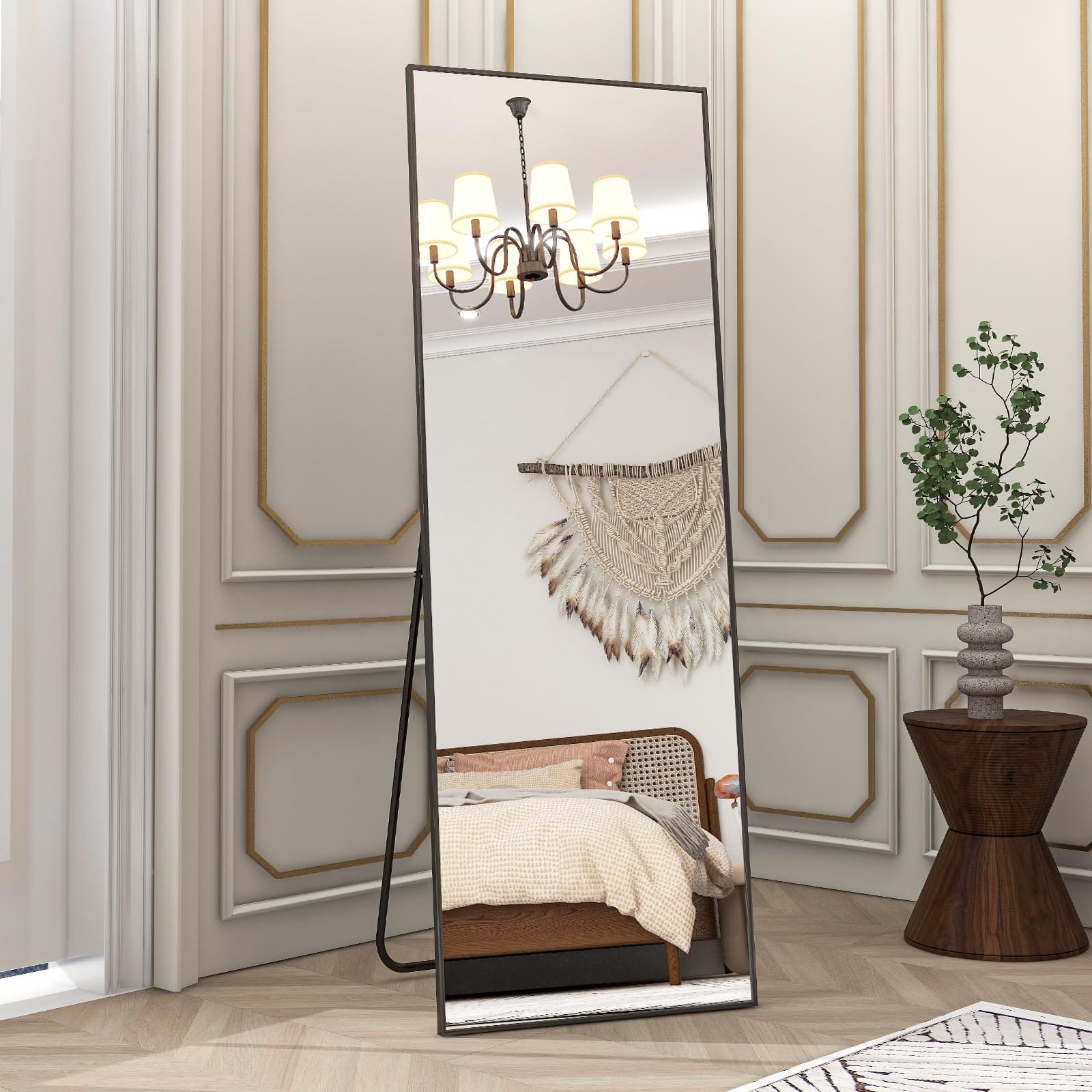HOMLUX - Full Length Rectangle Floor Mirror Black Aluminum Frame Free Standing Wall Mounted for Bedroom Entryway