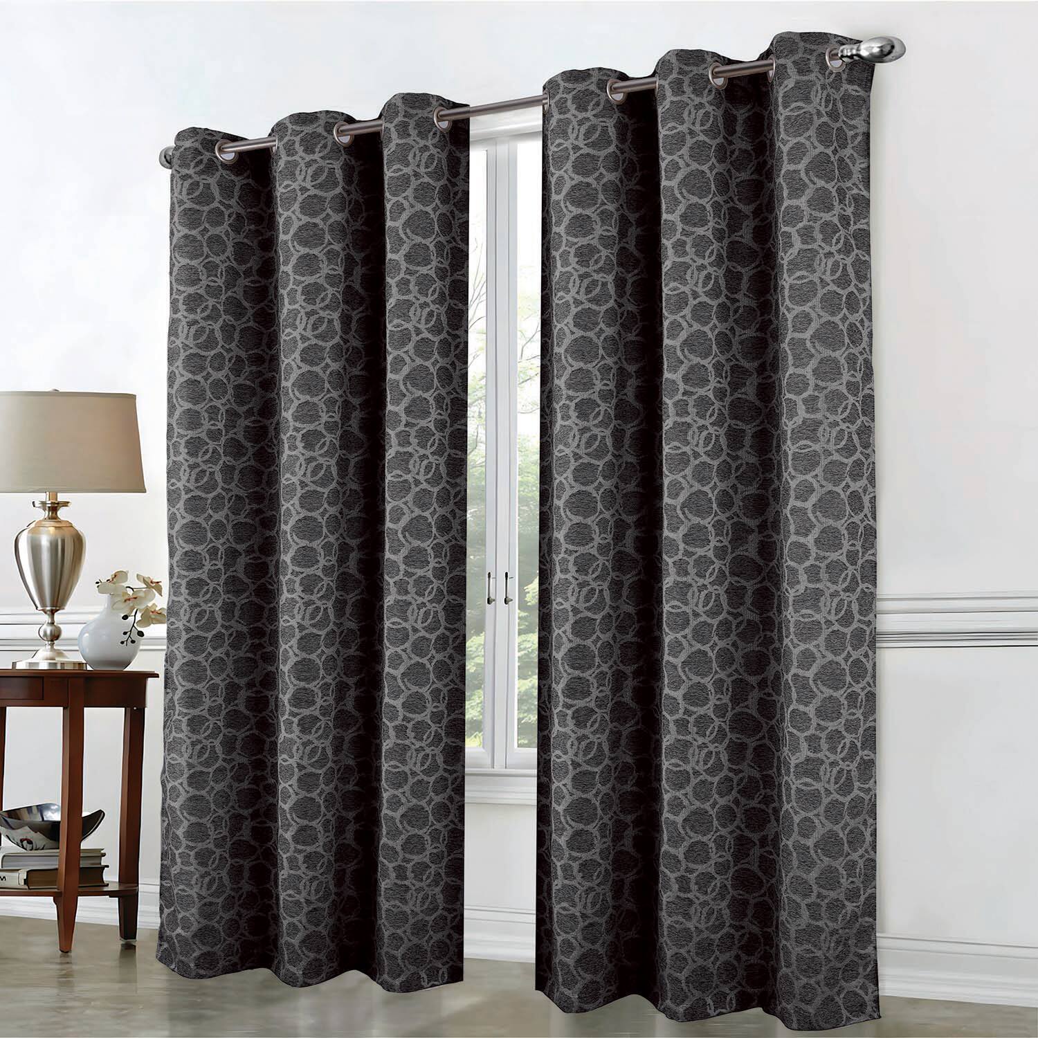 Angle. RT Designers Collection - RT Designer Collection Jasper Lurex Jacquard 2 Pack Grommet Curtain Panel 36" x 84" Black - Black.