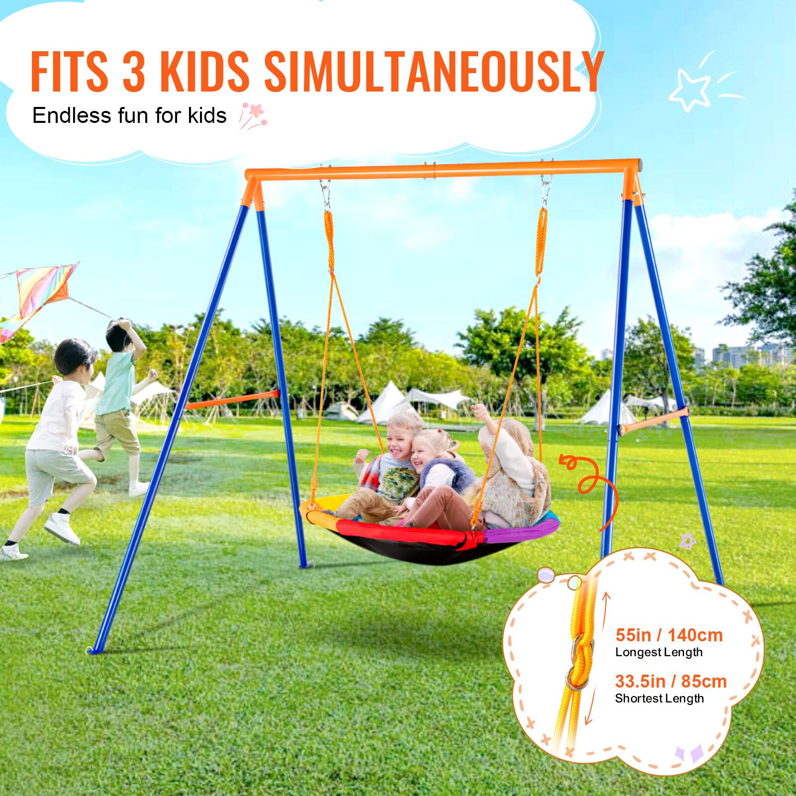 FITS 3 KIDS SIMULTANEOUSLY
Endless fun for kids
55in / 140cm
Longest Length
33.5in / 85cm
Shortest Length