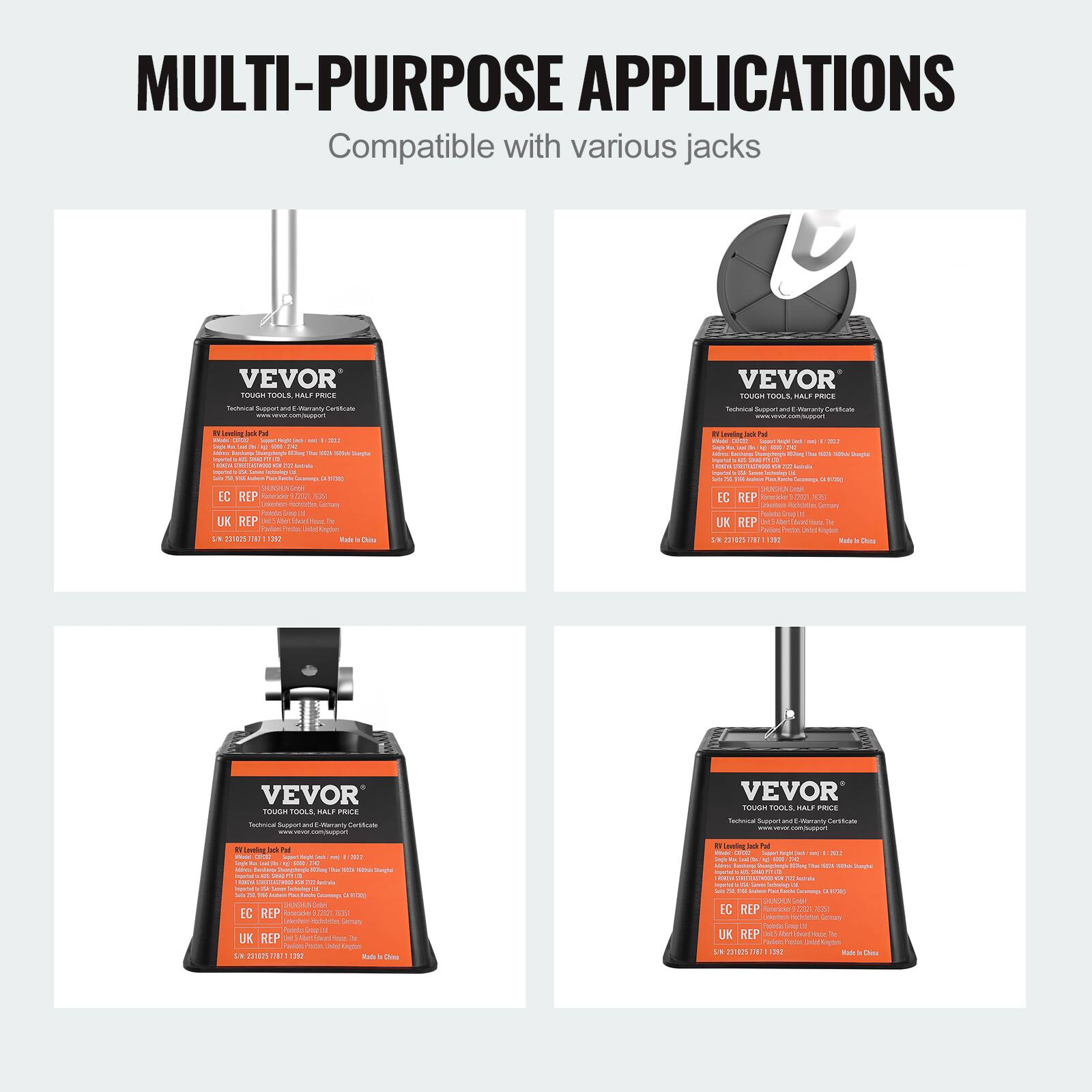 MULTI-PURPOSE APPLICATIONS  
Compatible with various jacks

VEVOR TOUGH TOOLS HALF PRICE

Sedivical Supports  
Certificate  
Technical Support

is Blobi UP d 1 in as - pvCt 10 50% Sourchai ingener AN :0000 3 = love NE Scornings EC REP fincide 127 125 UK REP frast To hoto: 251825 11382 Vade

Leveling bok  in M Jaja A DE beduce Tranghi Antivia Lessed Socislary 20 TX Submitted Exadess, C moreac Code: EC REP Emride 17 125 Hockstatter, Sermary a UK REP 13 10 for - Chee

VEVOR TOUGH TOOLS HALF PRICE  
Technical C-Warranty Certificate

VEVOR TOUGH TOOLS HALF PRICE  
Technical Support Maranly Cartificate

Dowling Their ga Suport hight   1 (221 Soya Minu peil tu = tela  Inter's are DUE 100% CHOCOLOGY U 20
