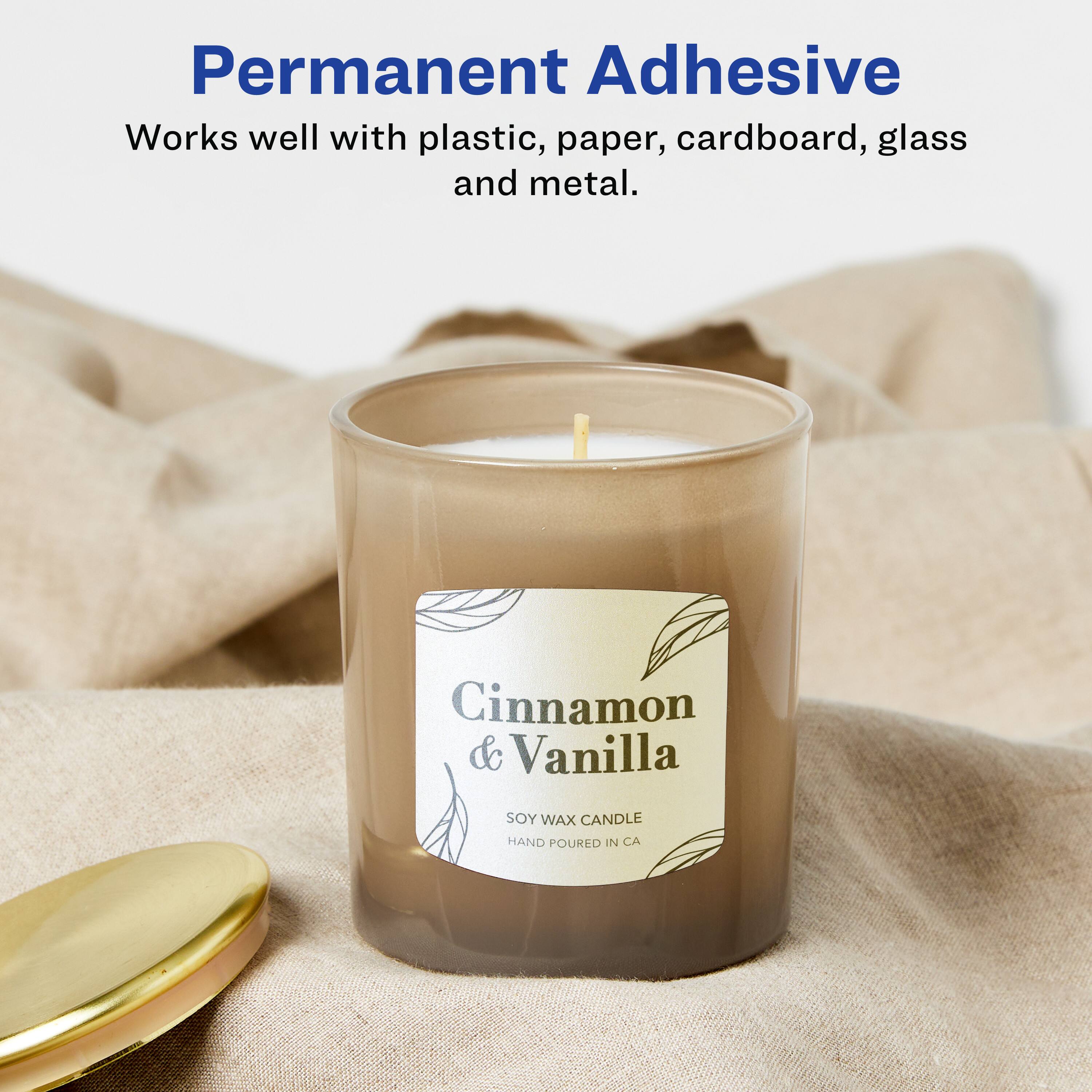 Permanent Adhesive  
Works well with plastic, paper, cardboard, glass and metal.

Cinnamon & Vanilla  
SOY WAX CANDLE  
HAND POURED IN CA