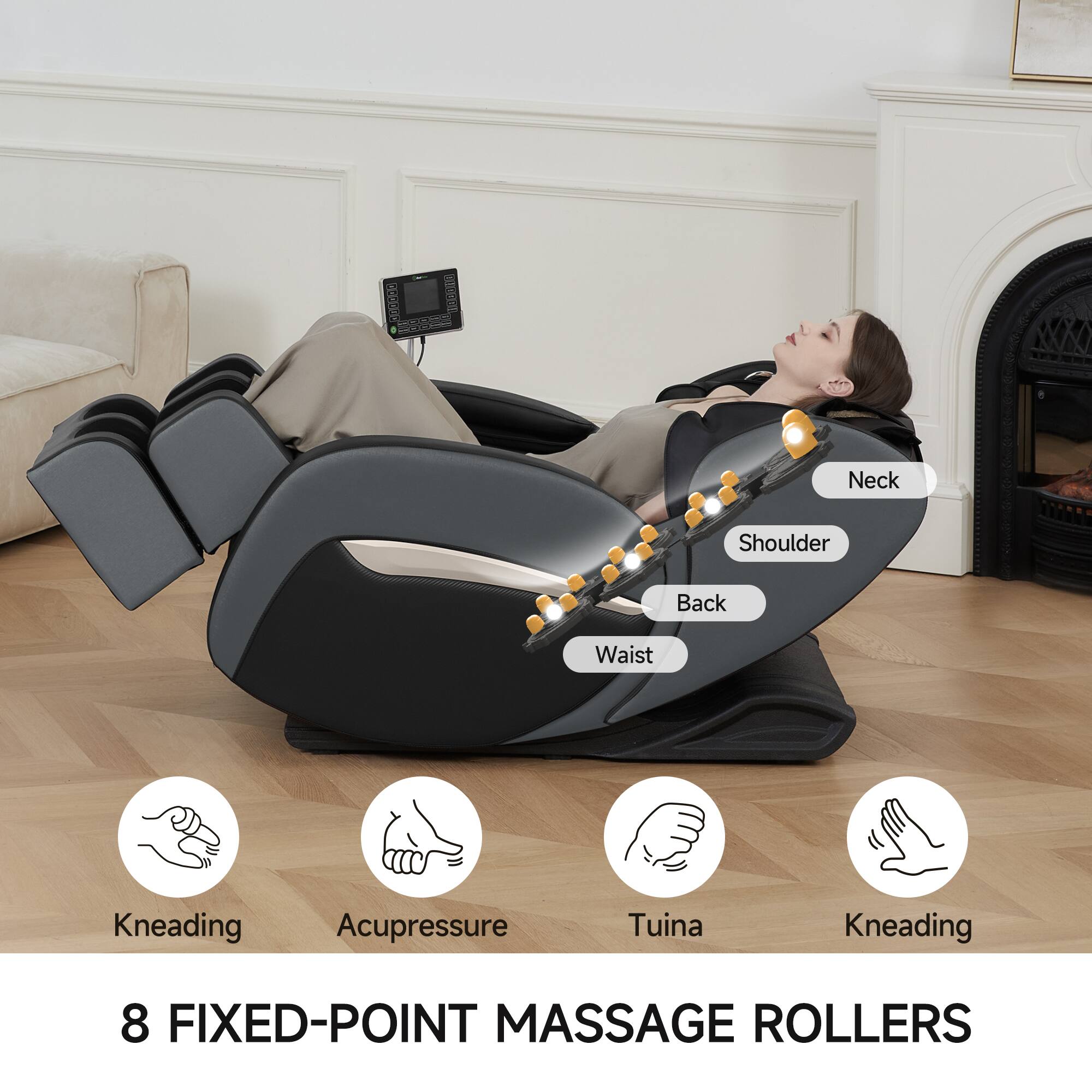 Neck Shoulder Back Waist  
Kneading Acupressure Tuina Kneading  
8 FIXED-POINT MASSAGE ROLLERS