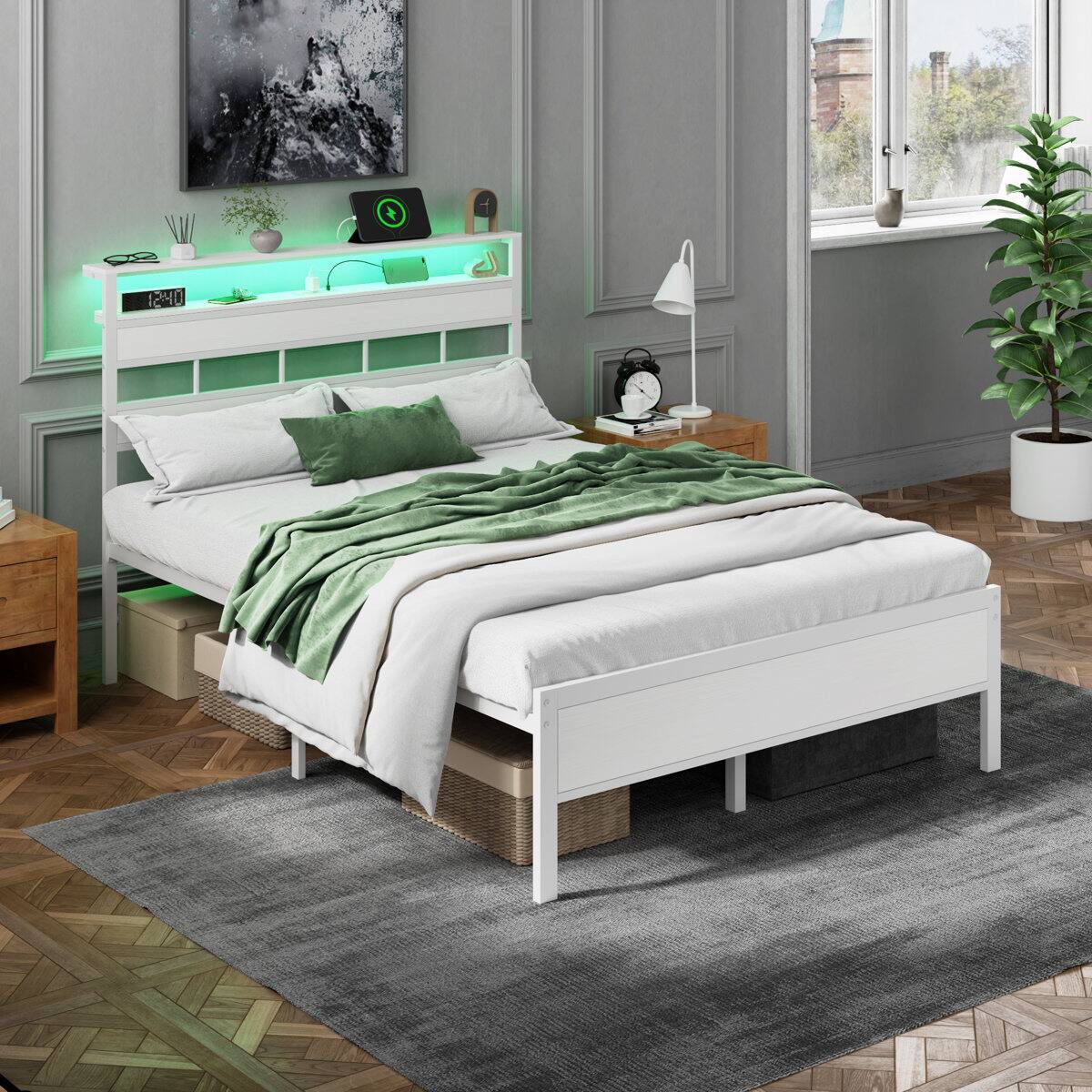 Angle. Furnulem - Bed Frame with Storage Headboard Charging Station LED Lights Metal Platform Heavy Duty No Box Spring Needed Modern - White.