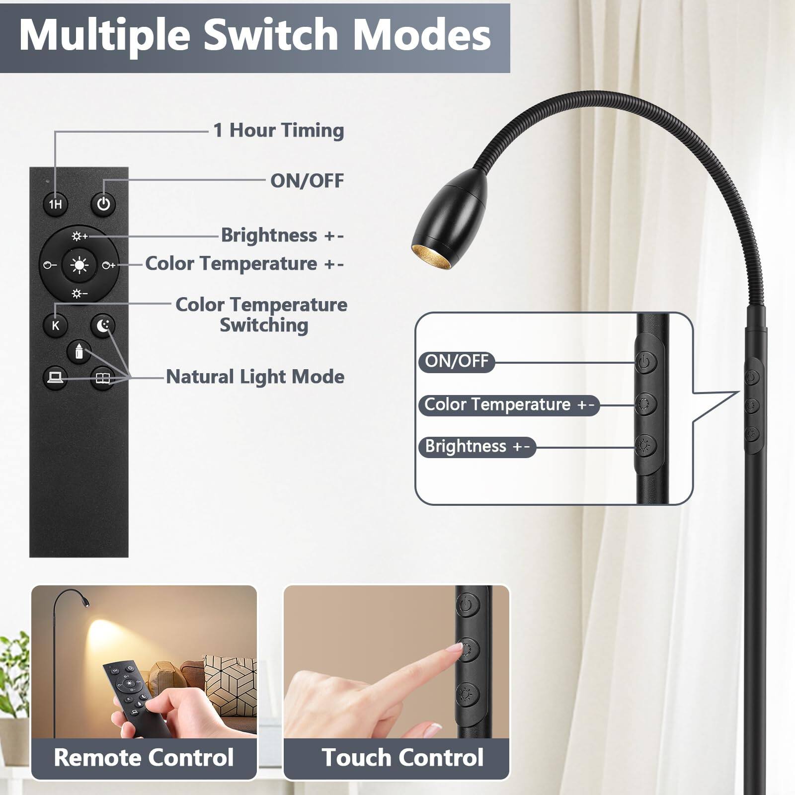 Multiple Switch Modes

- 1 Hour Timing
- ON/OFF
- Brightness +/-
- Color Temperature +/-
- Color Temperature Switching
- Natural Light Mode

ON/OFF
Color Temperature +/-
Brightness +/-

Remote Control
Touch Control