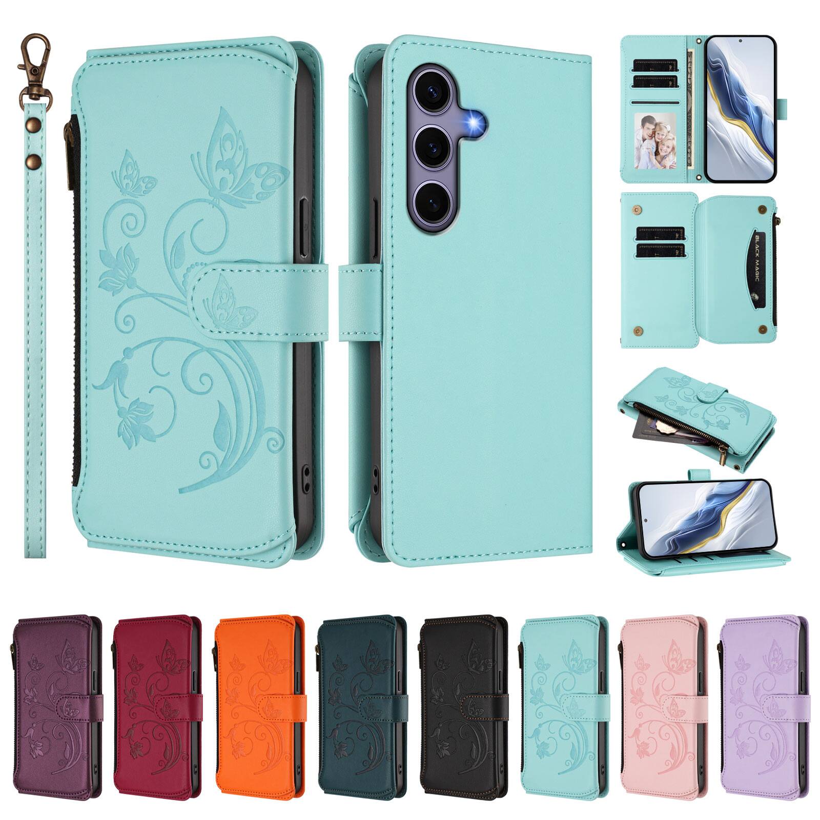 Front. Dteck - Crossbody Wallet Case for Samsung Galaxy S25,Embossed Butterfly Flower Folio PU Leather Cover with Zipper Pocket+Strap - Green.