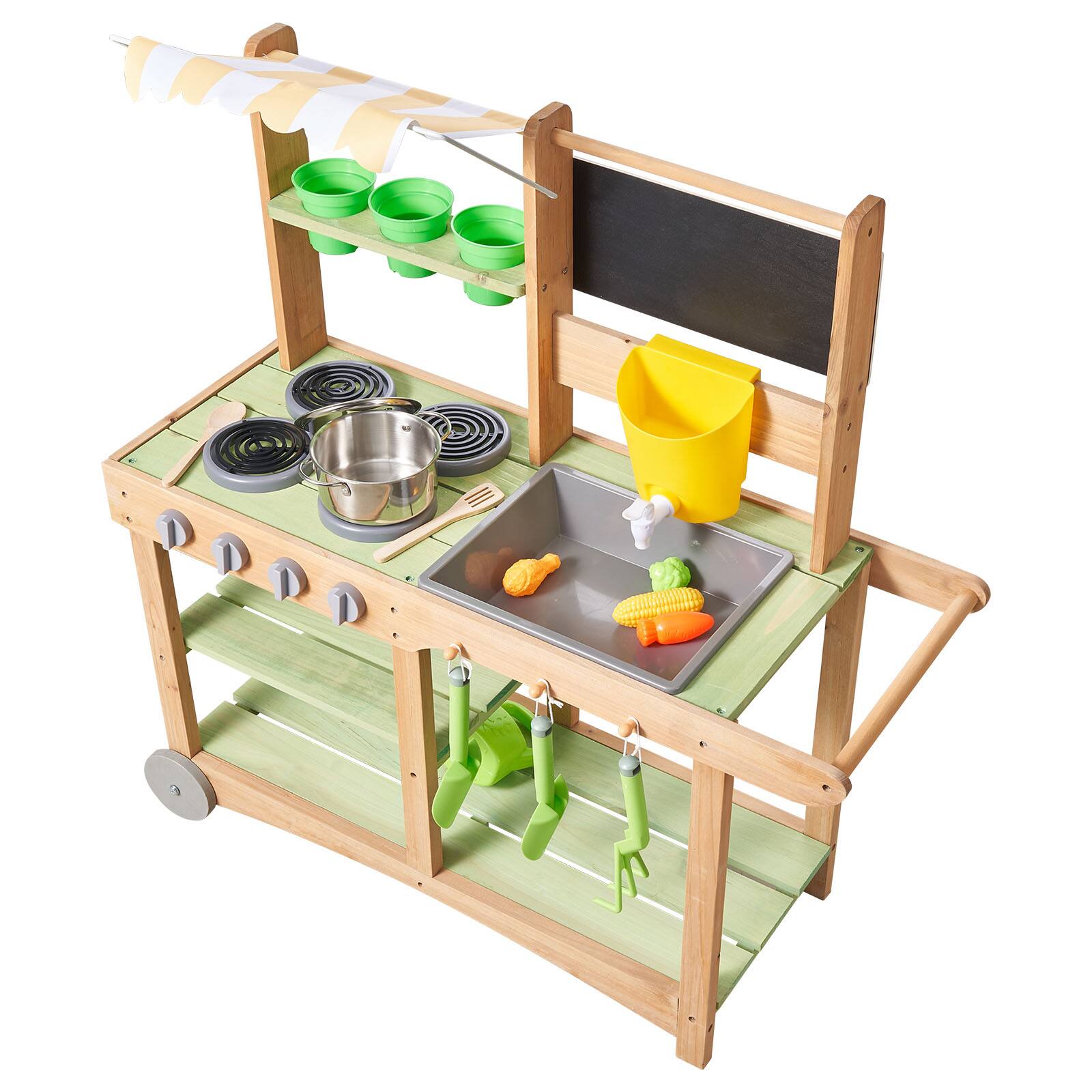 Alt View 5. VEVOR - Mud Kitchen, Outdoor Mud Kitchen for Kids, Wood Outdoor Play Kitchens with Spoons, Sink, Sunshade Canopy, Swivel Wheels - Green, Natural Fir.