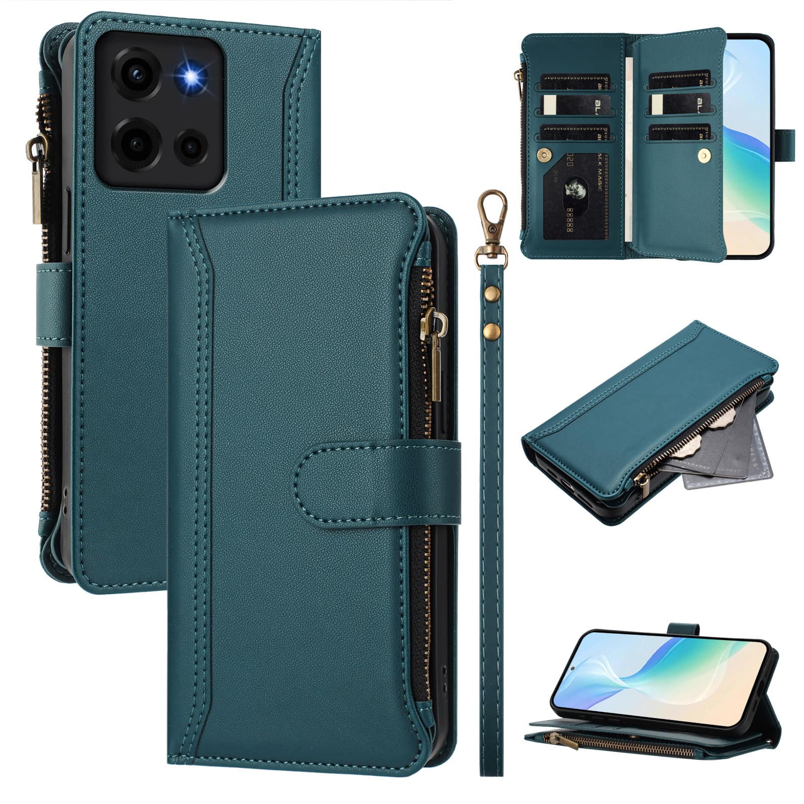 Dteck - Crossbody Wallet Case for Motorola G 5G (2025), Shockproof Zipper PU Leather Flip Stand Cover with 9 Card Slots - Darkgreen