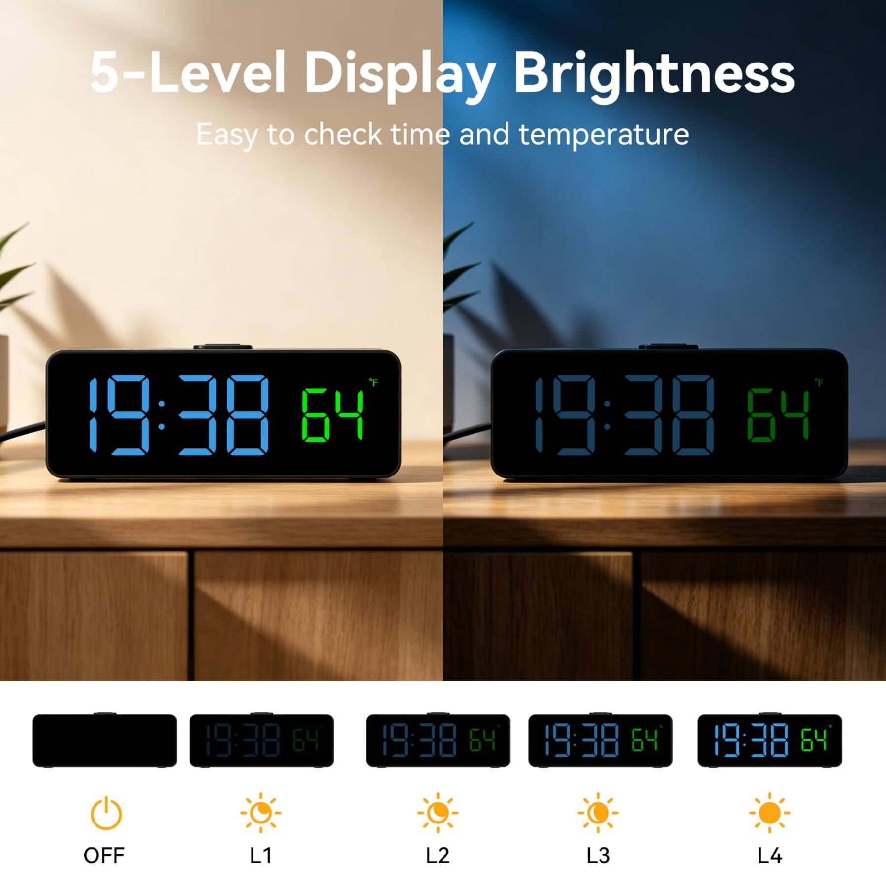 5-Level Display Brightness  
Easy to check time and temperature  

19:38 64  
19:38 64  
19:38 64  
19:38 64  
19:38 64  
19:38 64  

OFF  
L1  
L2  
L3  
L4