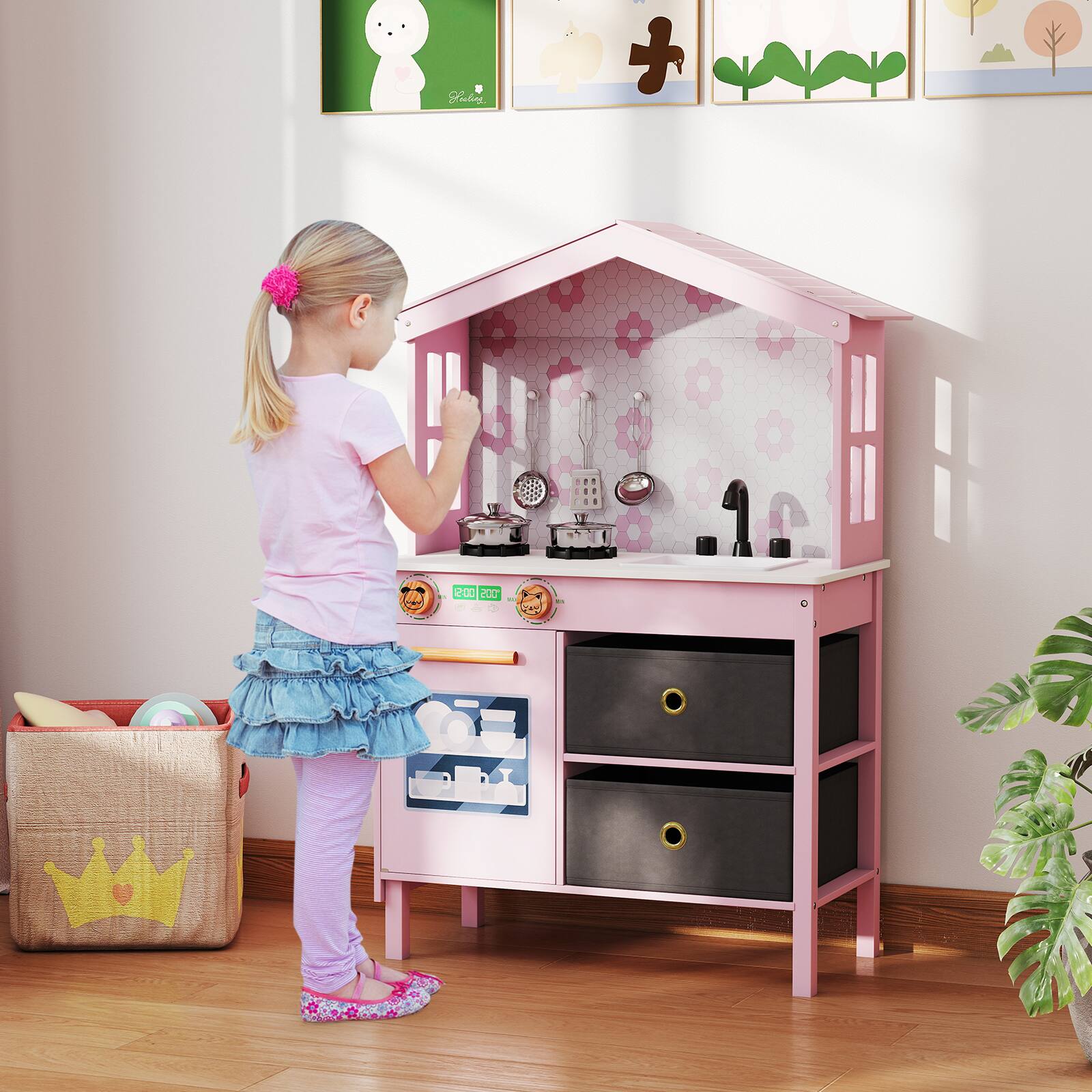 Alt View 3. Gymax - Gymax Kids Play Kitchen w/2 Stoves Rotation Knobs Faucet Sink Dishwasher Drawers - Pink.