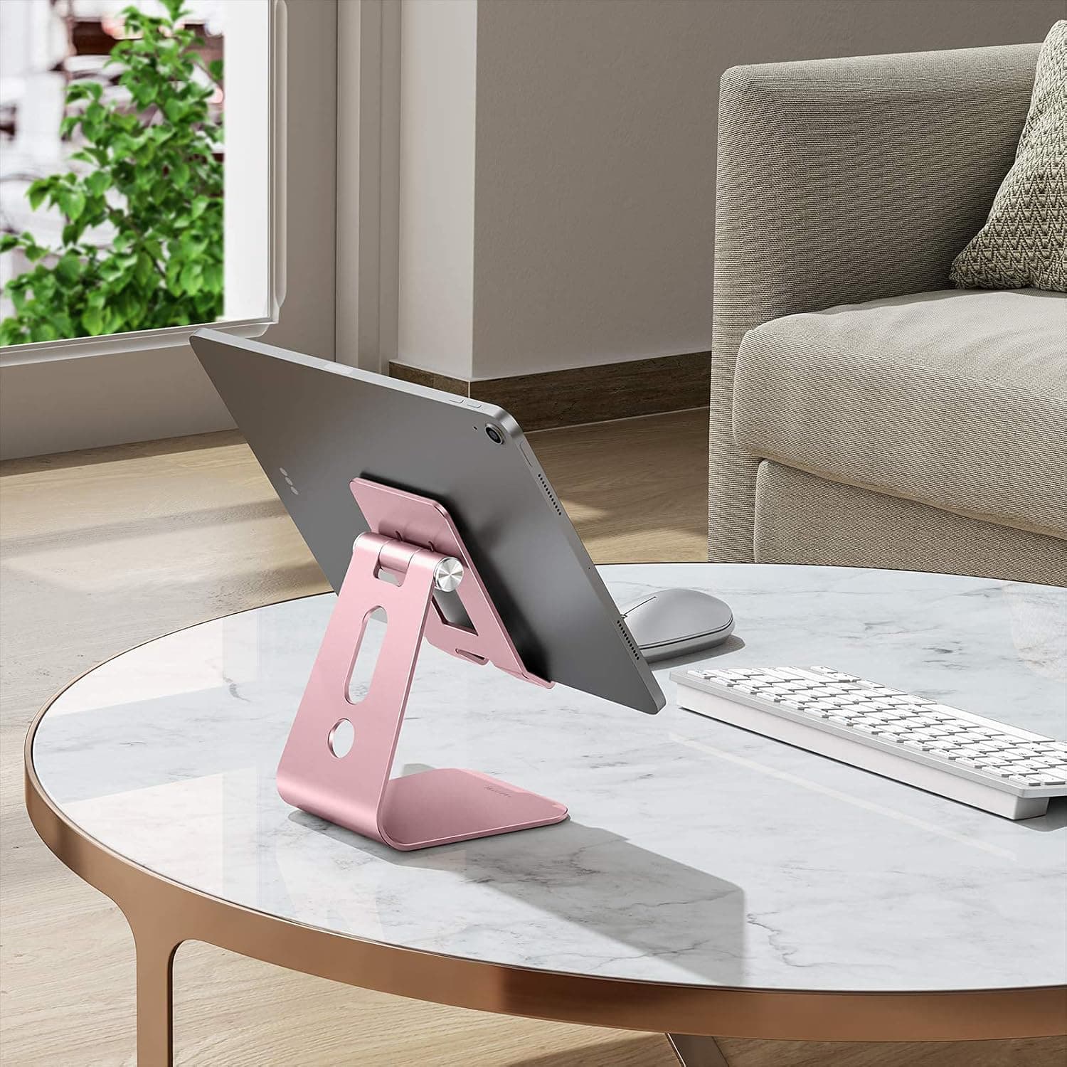 Alt View 3. FINEAK - T2 Upgraded Tablet Stand with Longer Arms, Hollow Design Adjustable Holder for iPad Pro/Air/Mini & Phones - Rose Gold - Gold.